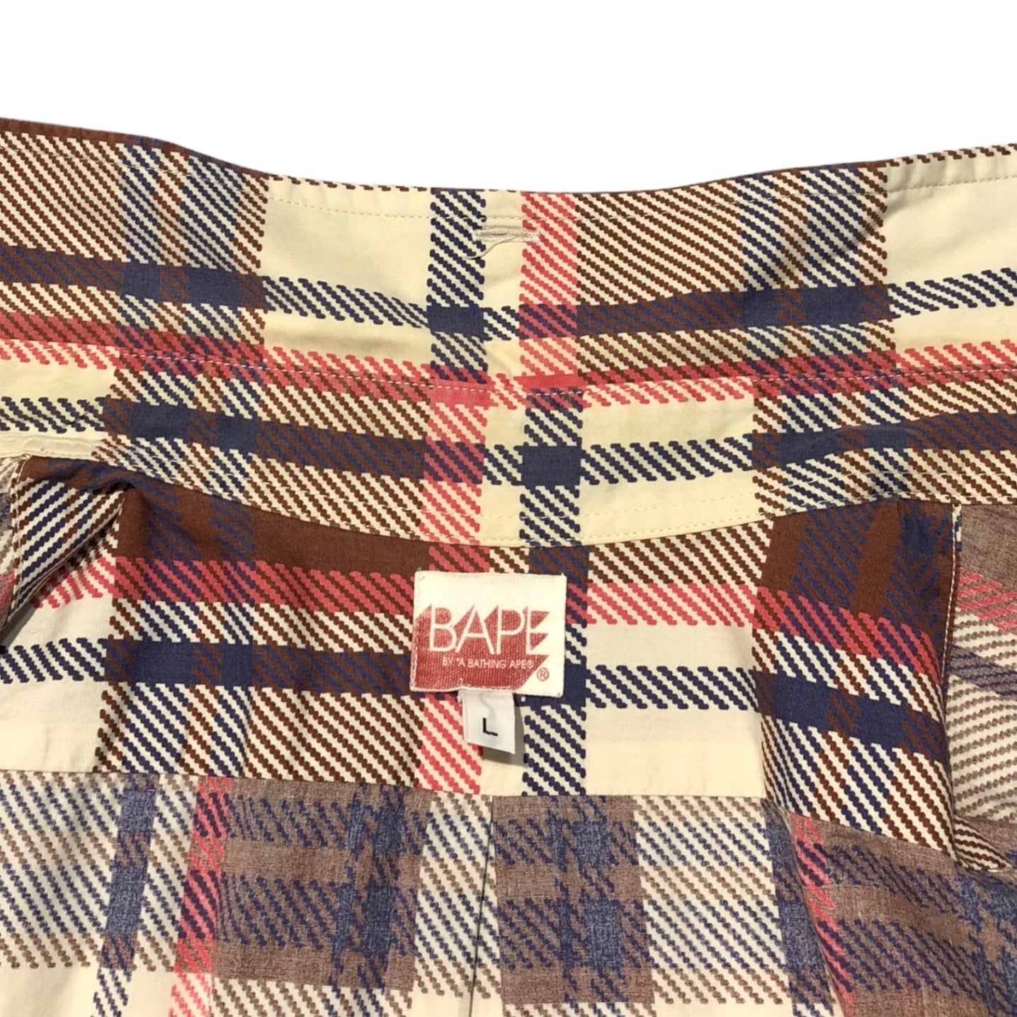 A BATHING APE(アベイシングエイプ) 00's BAPE check short sleeve shirt チェック 半袖シャツ L アイボリー×レッド