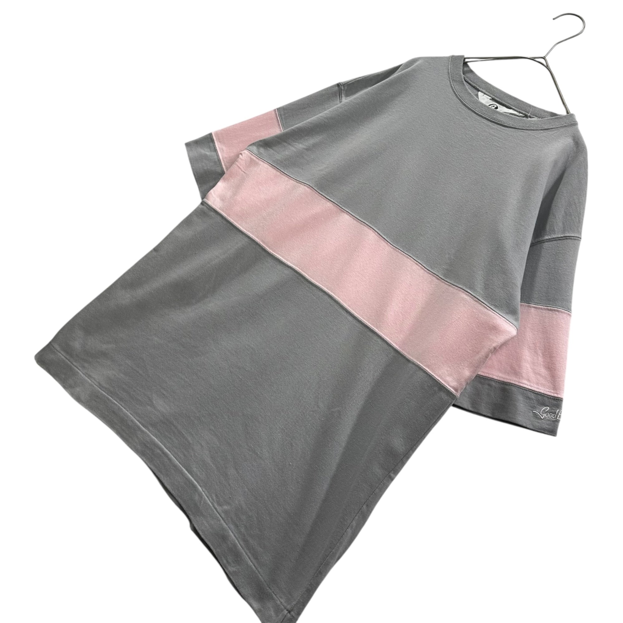 GOODENOUGH(グッドイナフ) 90's Line-blocked s/s T-shirt ライン 切替 半袖 Tシャツ 表記消(L程度) グレー×ピンク