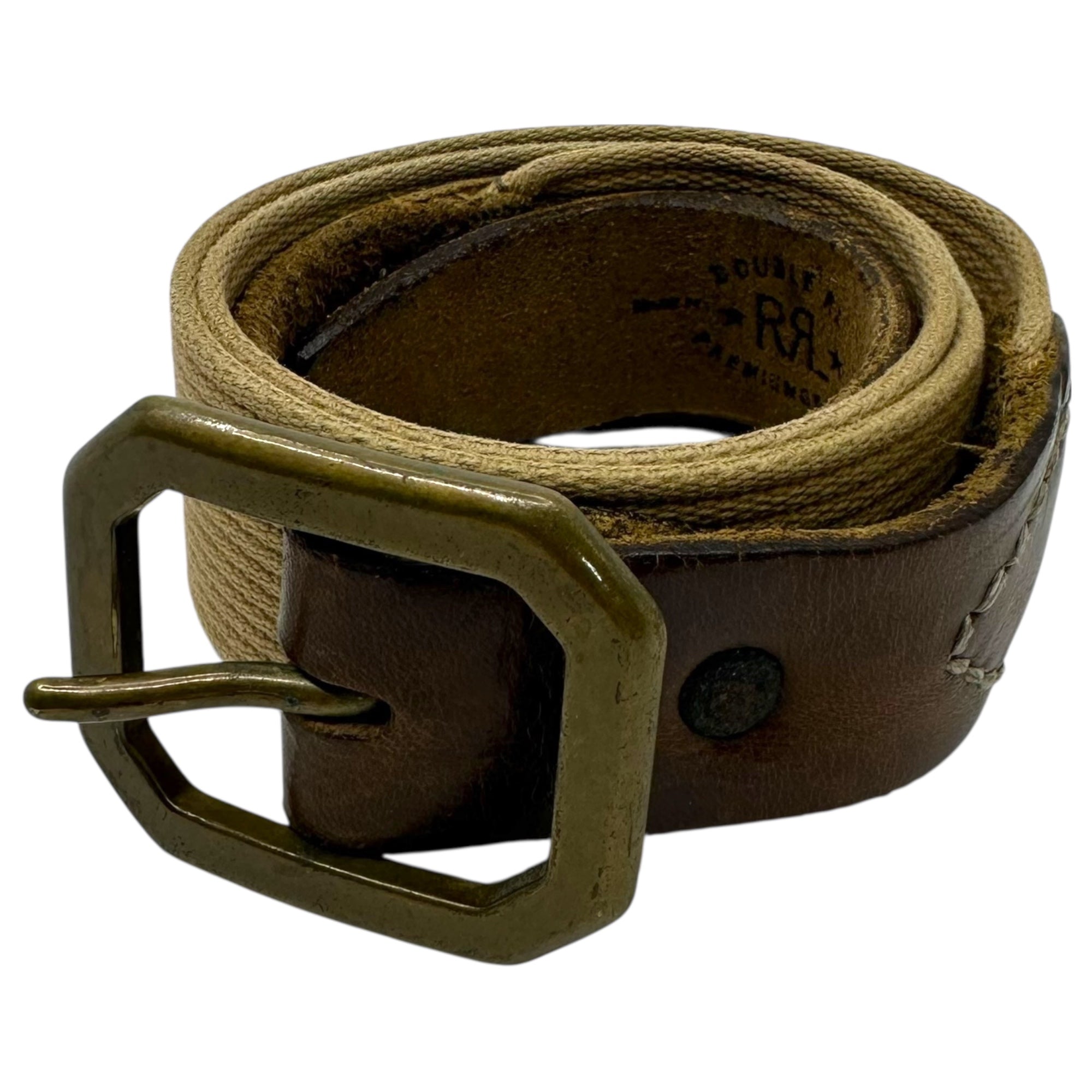 RRL(ダブルアールエル) Leather and Cotton Blend Belt レザー コットン 切替 ベルト 30 ブラウン×カーキ バックル素材:真鍮