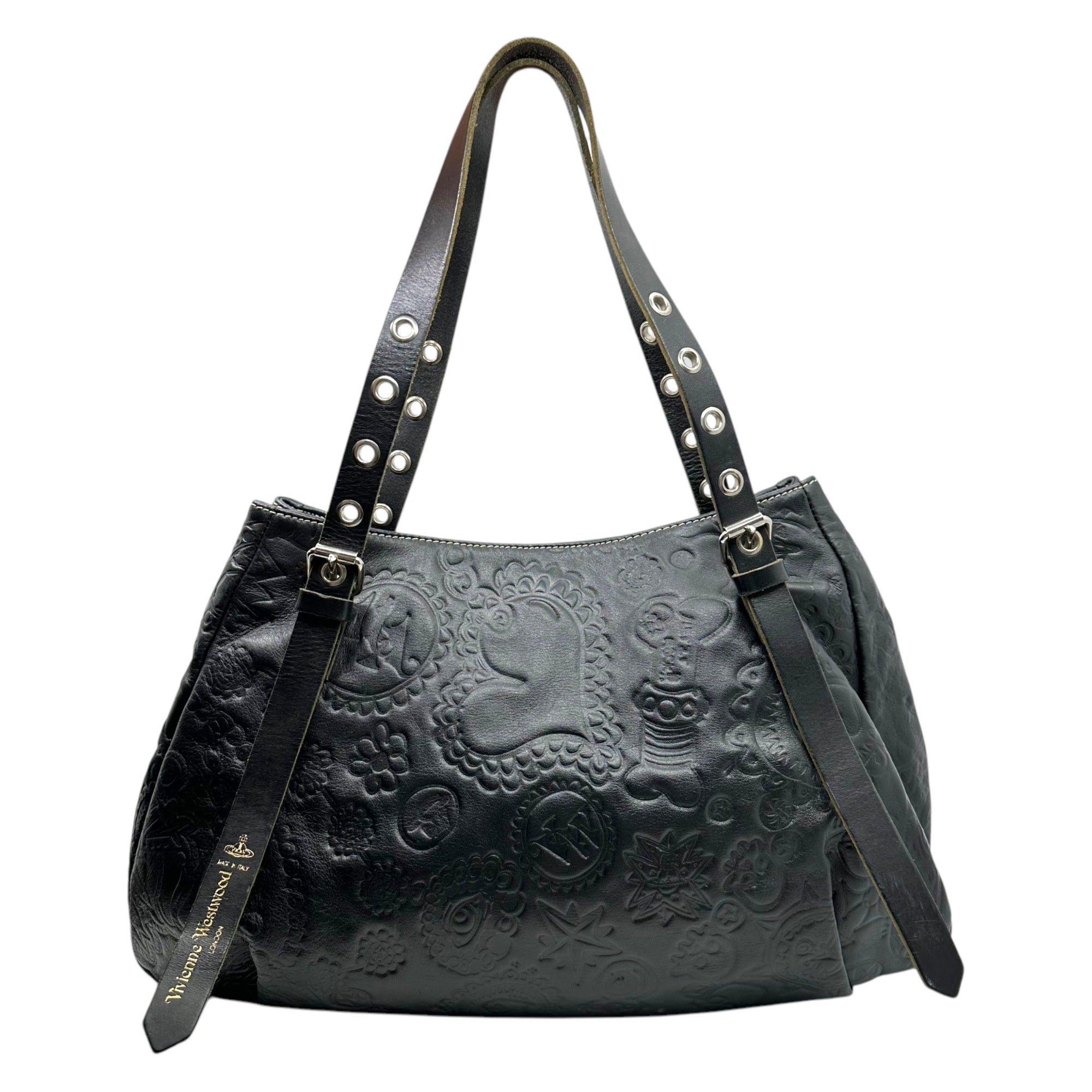 Vivienne Westwood(ヴィヴィアンウエストウッド) Orb logo embossed leather handbag オーブ ロゴ 型押し レザー ハンドバッグ ブラック 肩掛け ドクロ 星 ペイズリー
