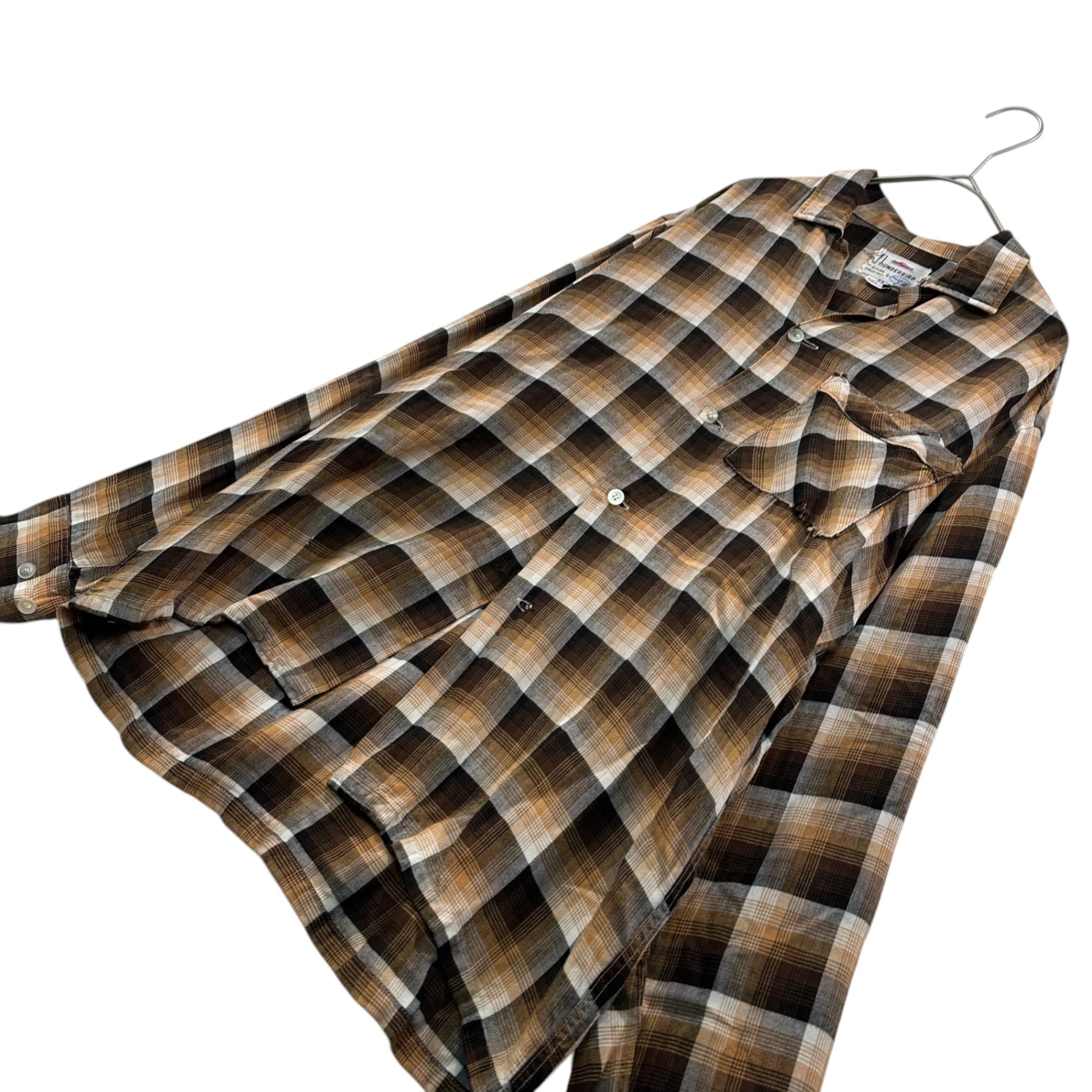 PILGRIM(ピルグリム) 60's THUNDERBIRD Ombre Check Rayon Open-Collar Shirt オンブレ チェック レーヨン オープンカラー シャツ 34(SM程度) ブラウン 60年代 開襟