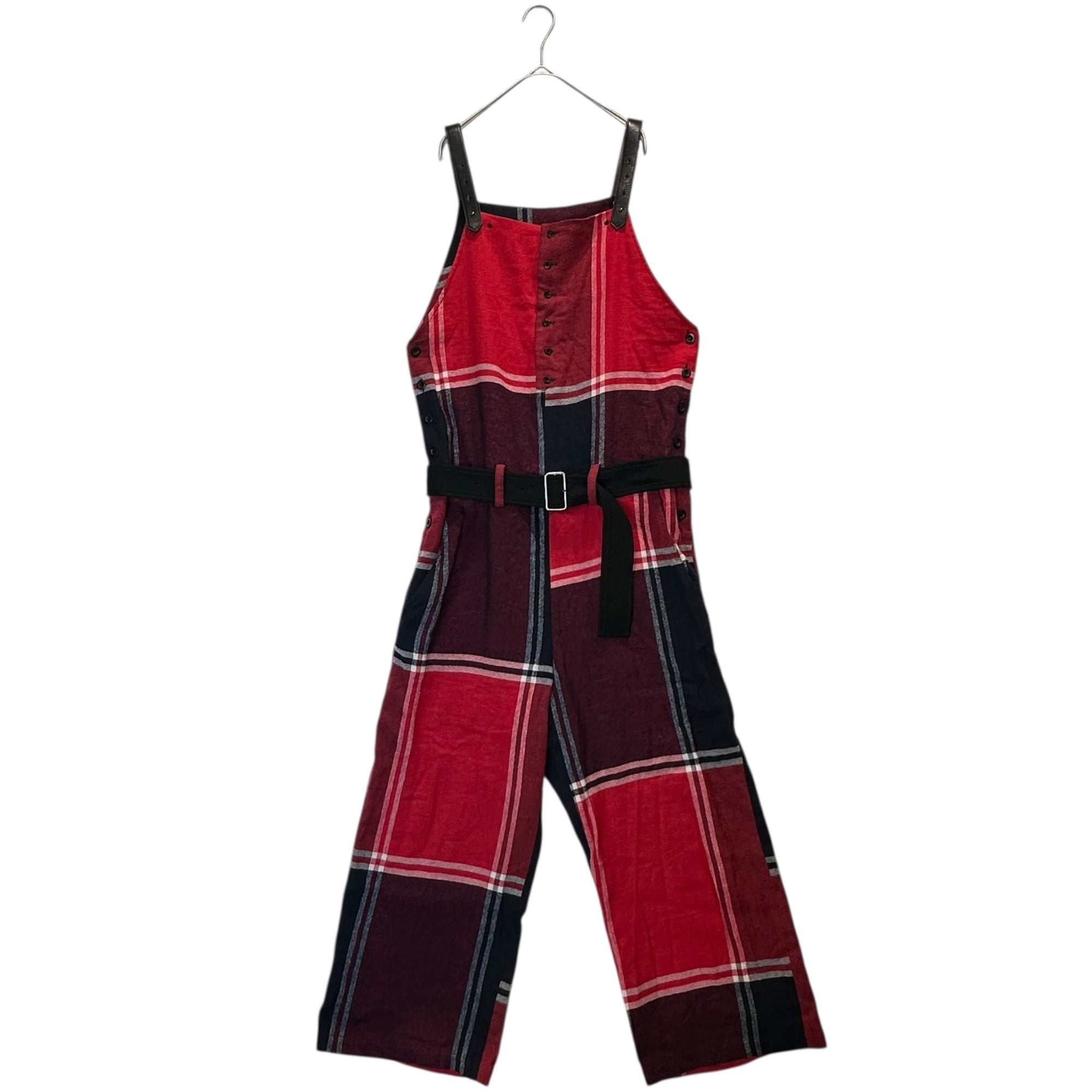 Y's(ワイズ) Leather Shoulder Check Linen Wool Overalls レザー ショルダー チェック リネン ウール オーバーオール YU-D09-139 2(M程度) レッド×ネイビー 男性着用可能サイズ
