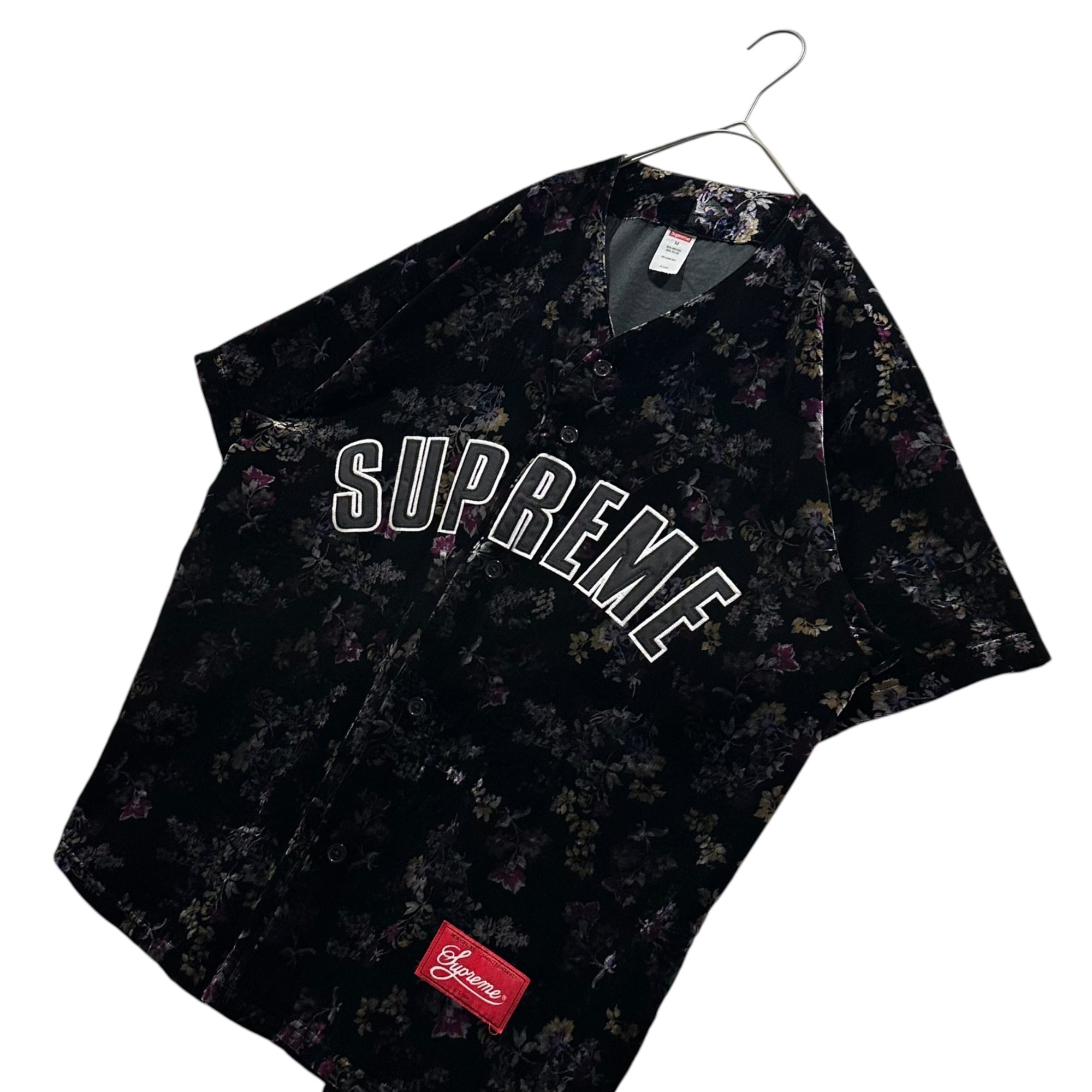 SUPREME(シュプリーム) 2019AW Floral Velour Baseball Jersey フローラル ベロア ベースボール ジャージィ シャツ M ブラック×パープル