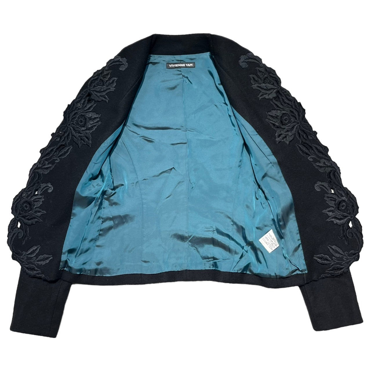 VIVIENNE TAM(ヴィヴィアンタム) フラワー刺繍 ウール ジャケット スタンドカラー メルトン デザイン 花 ノーカラー 016-250022 0(S程度) ブラック