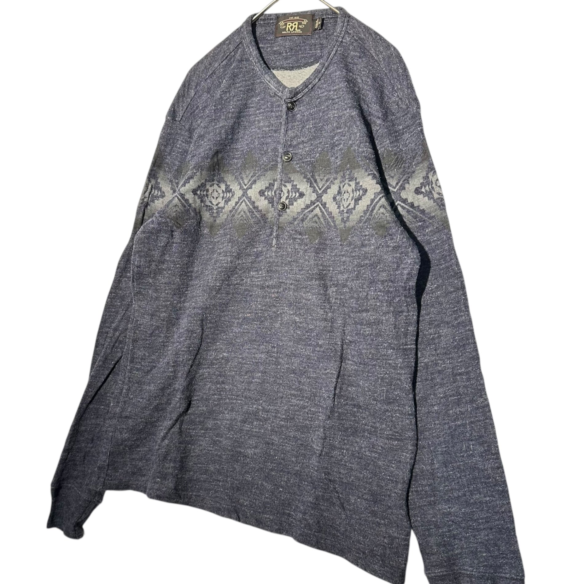 RRL(ダブルアールエル) Chimayo print Henley neck knit shirt チマヨ柄 ヘンリーネック ニットソー カットソー M ネイビー