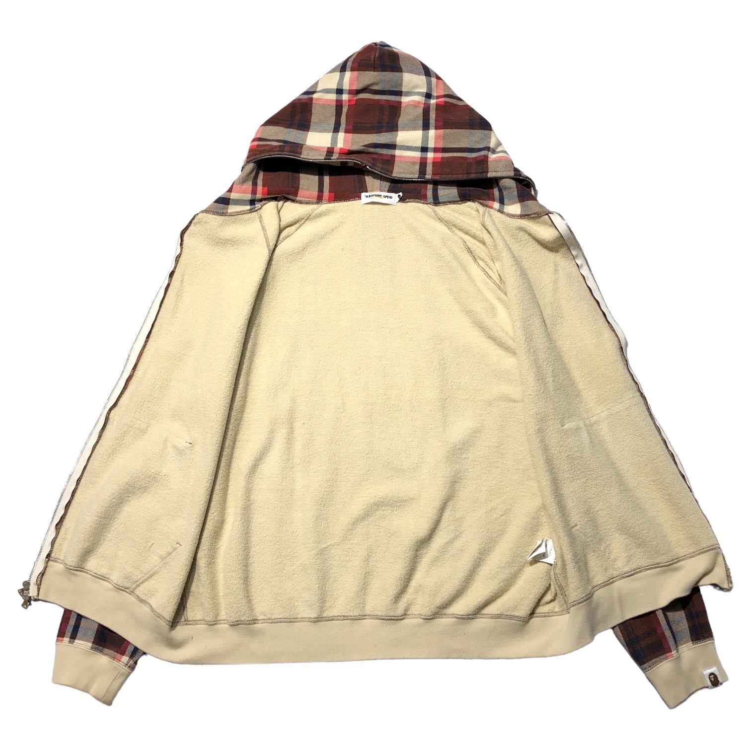 A BATHING APE(アベイシングエイプ) 00's CHECK ZIP UP PARKA チェック ジップアップパーカー L アイボリー×レッド