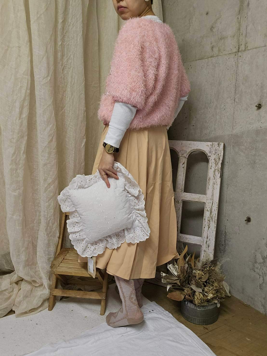 Euro vintage(ヨーロッパヴィンテージ) 70's~light pale pink fancy yarn knit half sleeve top スパンコール刺繍とファンシーヤーンのスプリングニット Lサイズ程度/前身頃に若干のシミ有 ピンク
