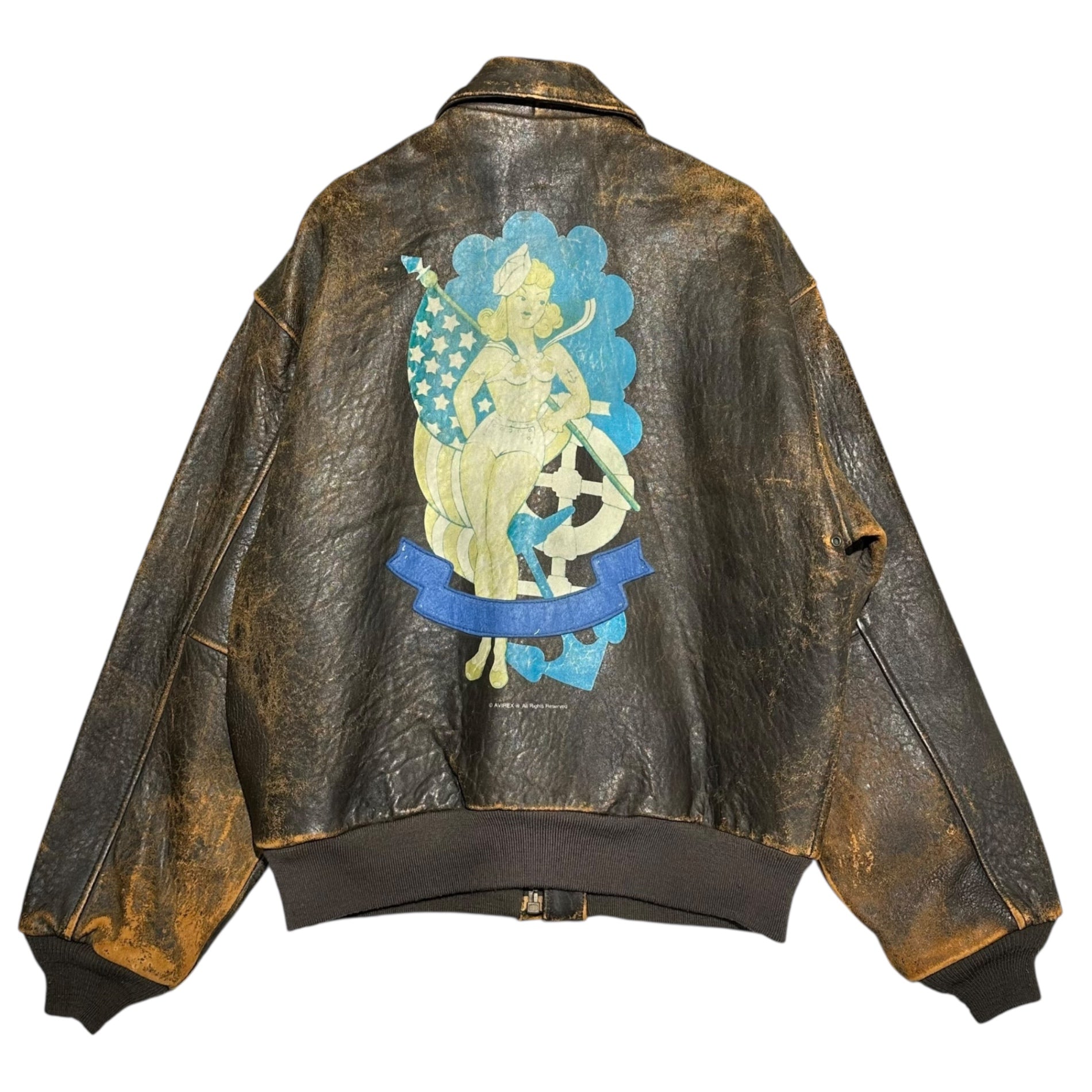 AVIREX(アヴィレックス) 90's A-2 LEATHER FLIGHT JACKET ガール バックペイント レザー フライト ジャケット L ブラウン 90年代 ヴィンテージ ミリタリー Victory 1945