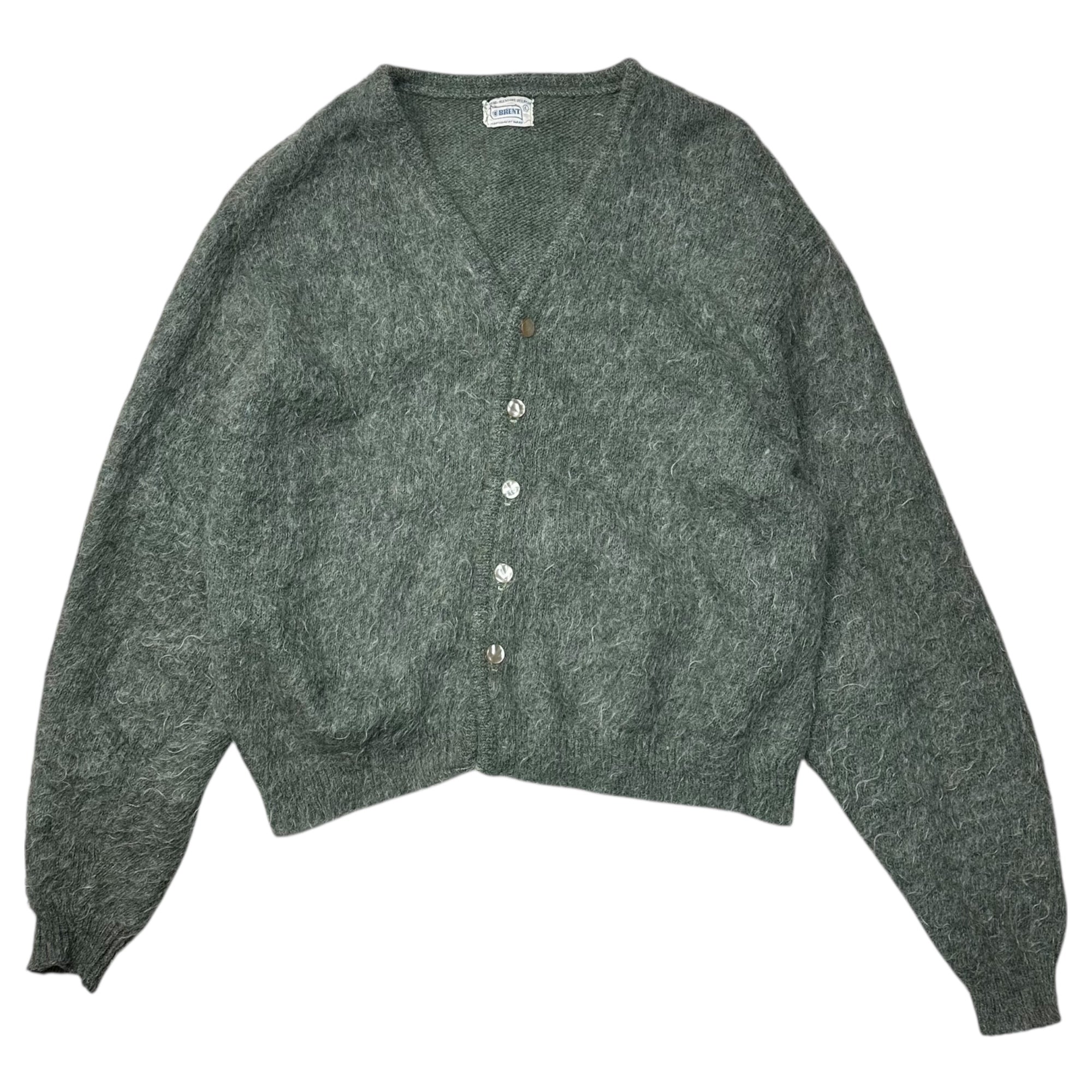 BRENT(ブレント) 60's Shaggy Mohair Cardigan シャギー モヘア カーディガン L グレーグリーン 60年代 貝ボタン ヴィンテージ 毛足長