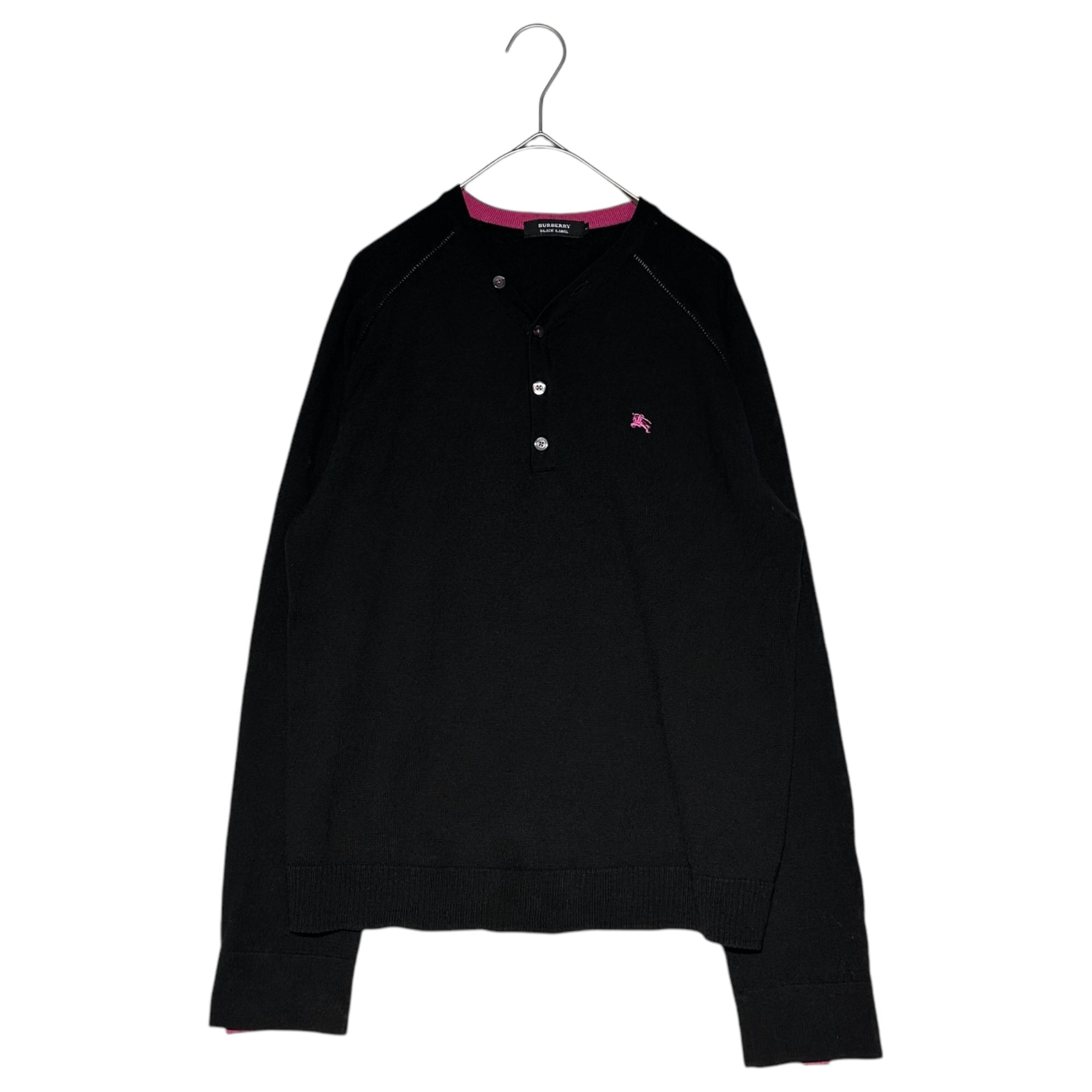 BURBERRY BLACK LABEL(バーバリーブラックレーベル) ホースロゴ刺繍 ヘンリーネック ウール ニット BMT73-305-09 2(M程度) ブラック×ピンク