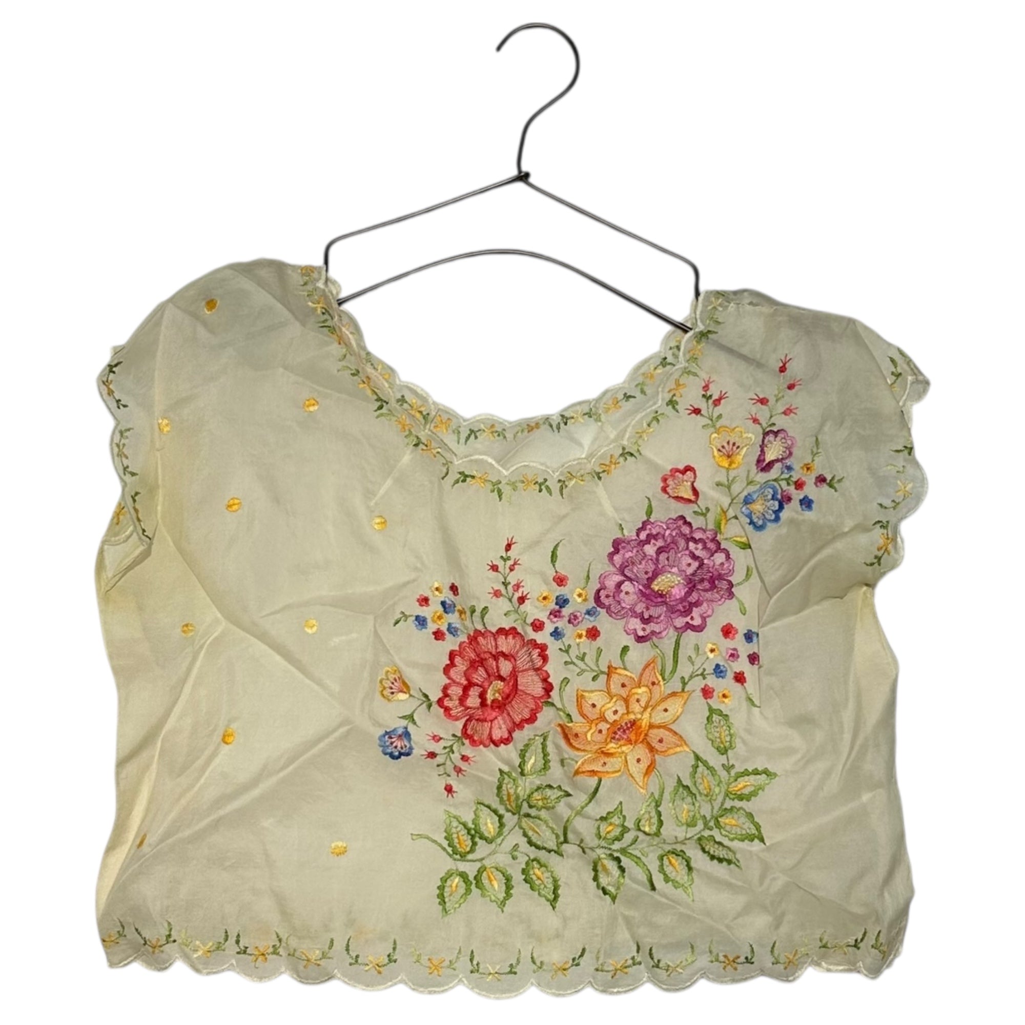 VINTAGE(ヴィンテージ) 70's~ flower embroidery short tops フラワー刺繍のフリル袖トップス ベスト M~L程度 ベージュ×マルチカラー