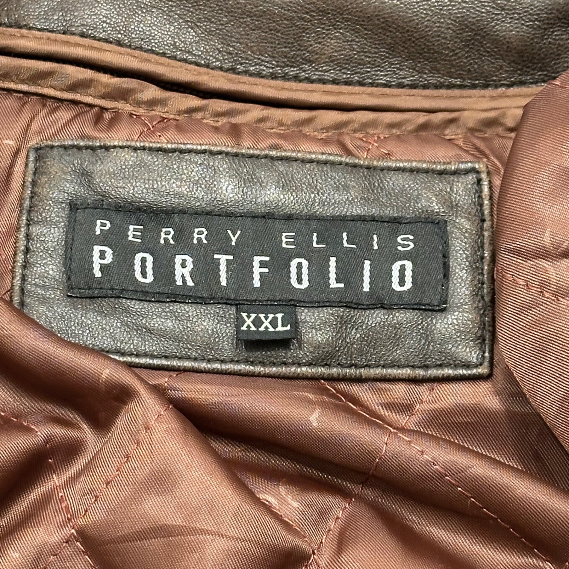 PERRY ELLIS PORTFOLIO(ペリーエリスポートフォリオ) 90's Quilted Liner Lamb Leather Jacket キルティングライナー ラム レザー ジャケット XXL ブラウン ジップアップ ヴィンテージ