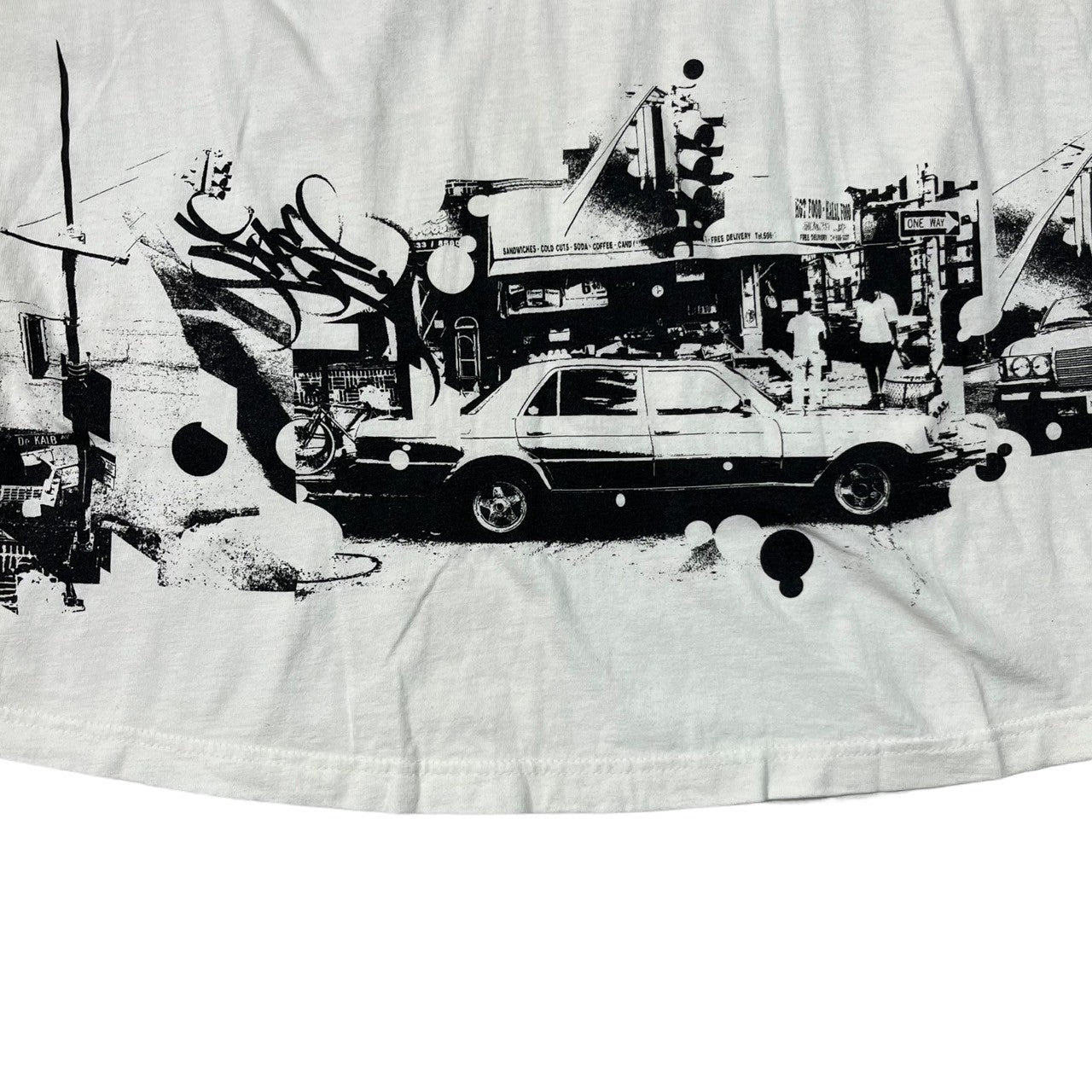 STUSSY(ステューシー) 90’s~00's landscape painting with cars 車 景色 Tシャツ 紺タグ SIZE M ホワイト×ブラック 90~00年代 OLD STUSSY
