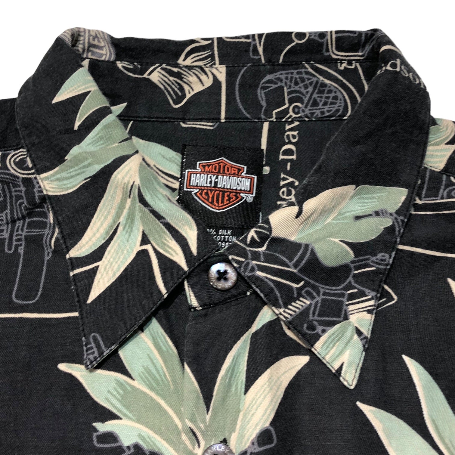 HARLEY DAVIDSON(ハーレーダビッドソン) Silk cotton aloha shirt シルク コットン アロハ シャツ 半袖 総柄 アイビスカス 2XL ブラック
