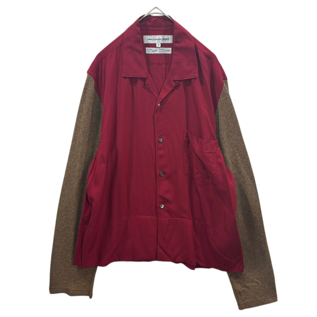 COMME des GARCONS SHIRT(コムデギャルソンシャツ) 1990's Lambswool-Sleeve Rayon Open-Collar Shirt ラムウール スリーブ レーヨン オープン カラー シャツ M ボルドー×ブラウン 90s アーカイブ