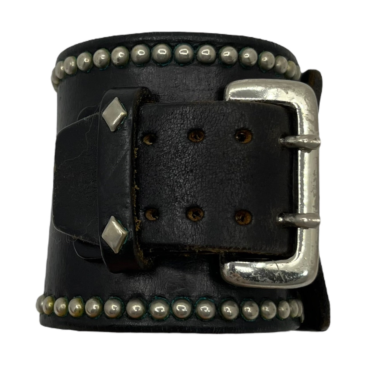 WOLFS HEAD(ウルフズヘッド) ラウンドスタッズレザーブレスレット SIZE FREE(50mm) 全長約31cm×幅約7cm ブラック×シルバー 刻印残り スタッズ打ち込み問題無し