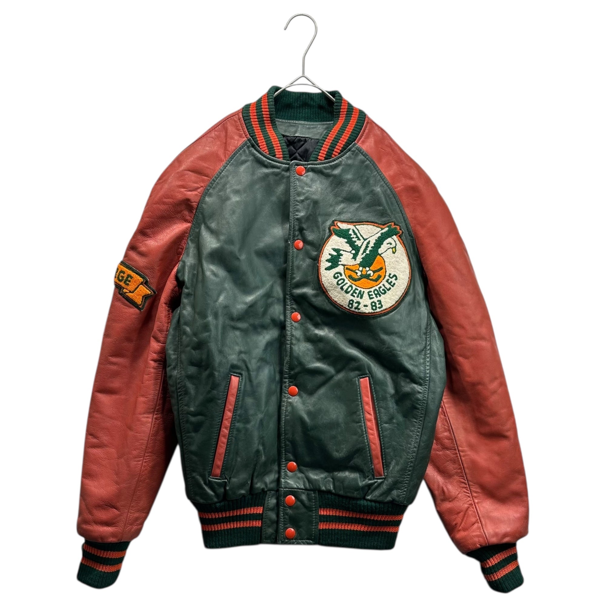 EXPORT LEATHER GARMENTS(エクスポートレザーガーメンツ) 90's CANADA made Leather Stadium Jacket レザー スタジアム ジャケット 36 グリーン×レッド 推定90年代 ヴィンテージ スタジャン ブルゾン
