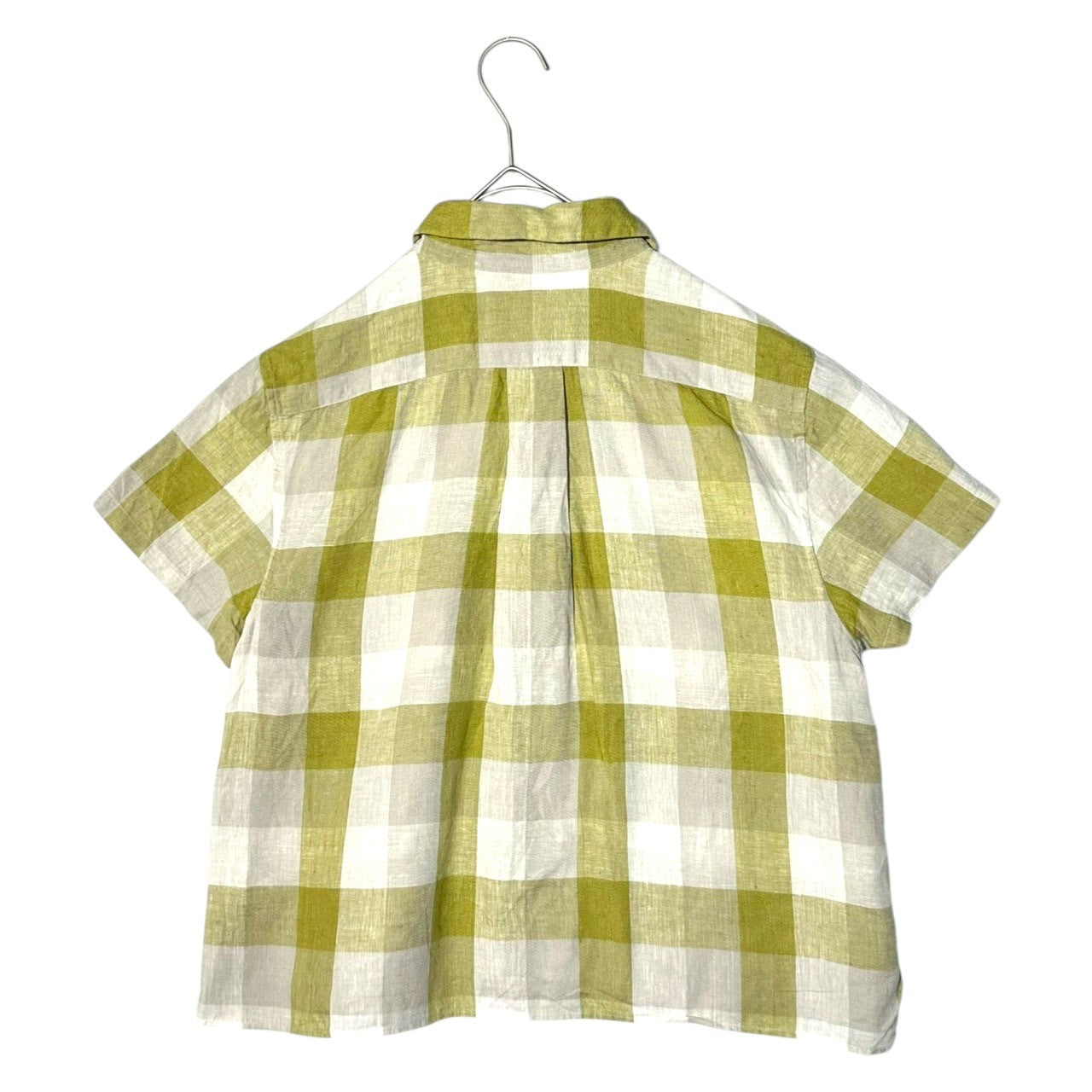 MARGARET HOWELL(マーガレットハウエル) Linen Block Check Short-Sleeved Shirt リネン ブロック チェック 半袖 シャツ 578-9152014 1(S程度) イエローグリーン(黄緑系のくすんだカラー)