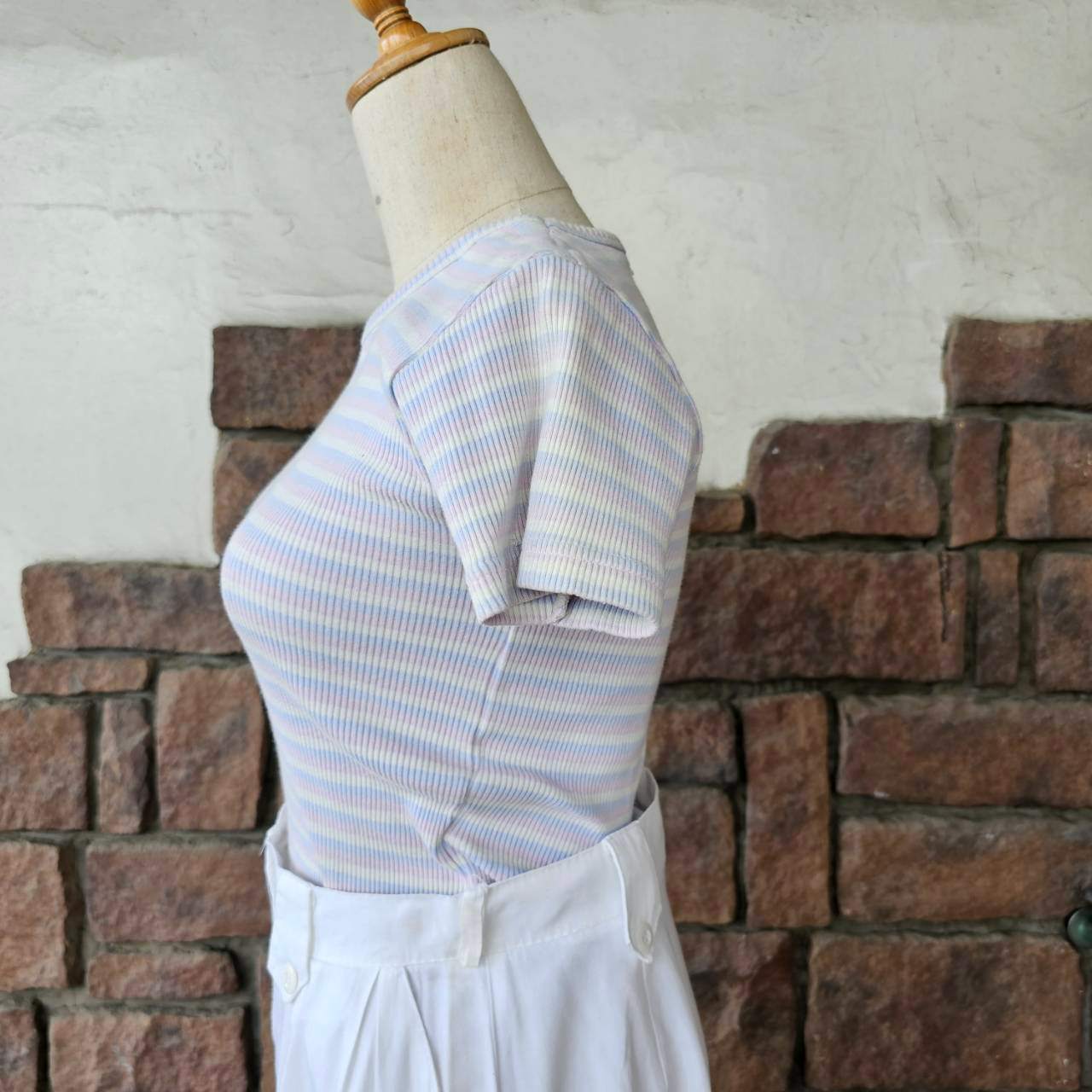 Euro vintage(ヨーロッパヴィンテージ) 70's~pale blue pink white pin stripe mini tee ペールトーンなミニTシャツ Sサイズ マルチカラー