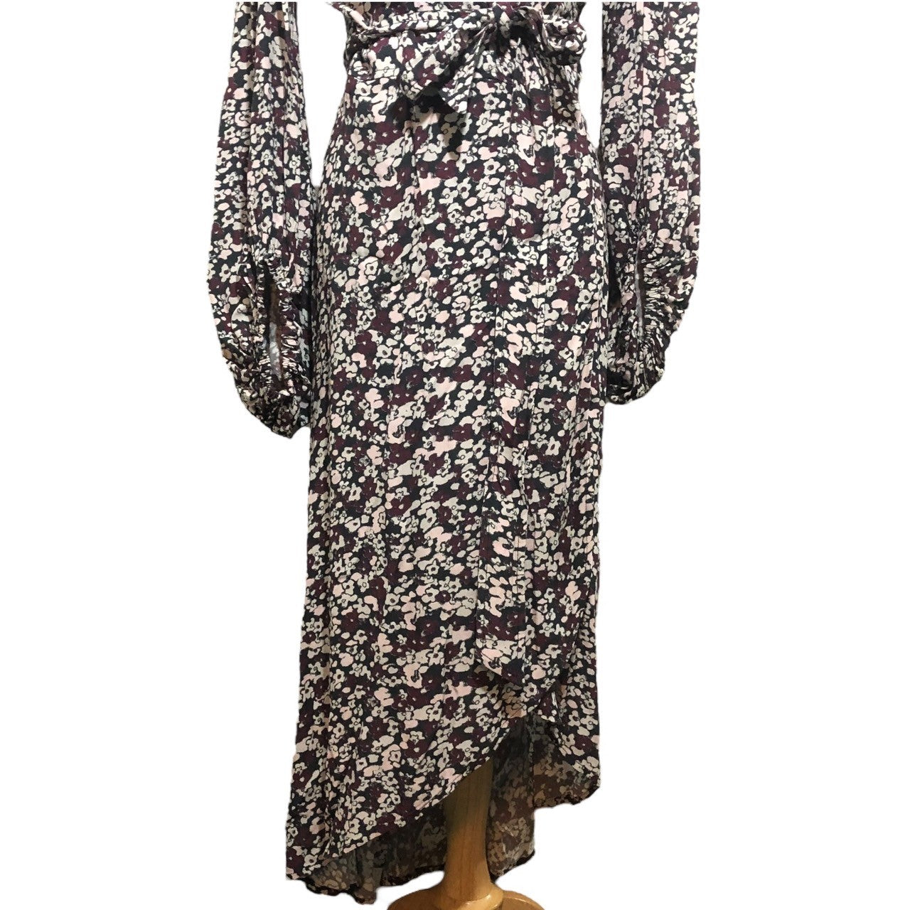 GANNI(ガニー) 小花柄 カシュクール ロング ワンピース パフスリーブ 1577-399-9084 34(XSサイズ程度) ブラック×ホワイト×ピンク