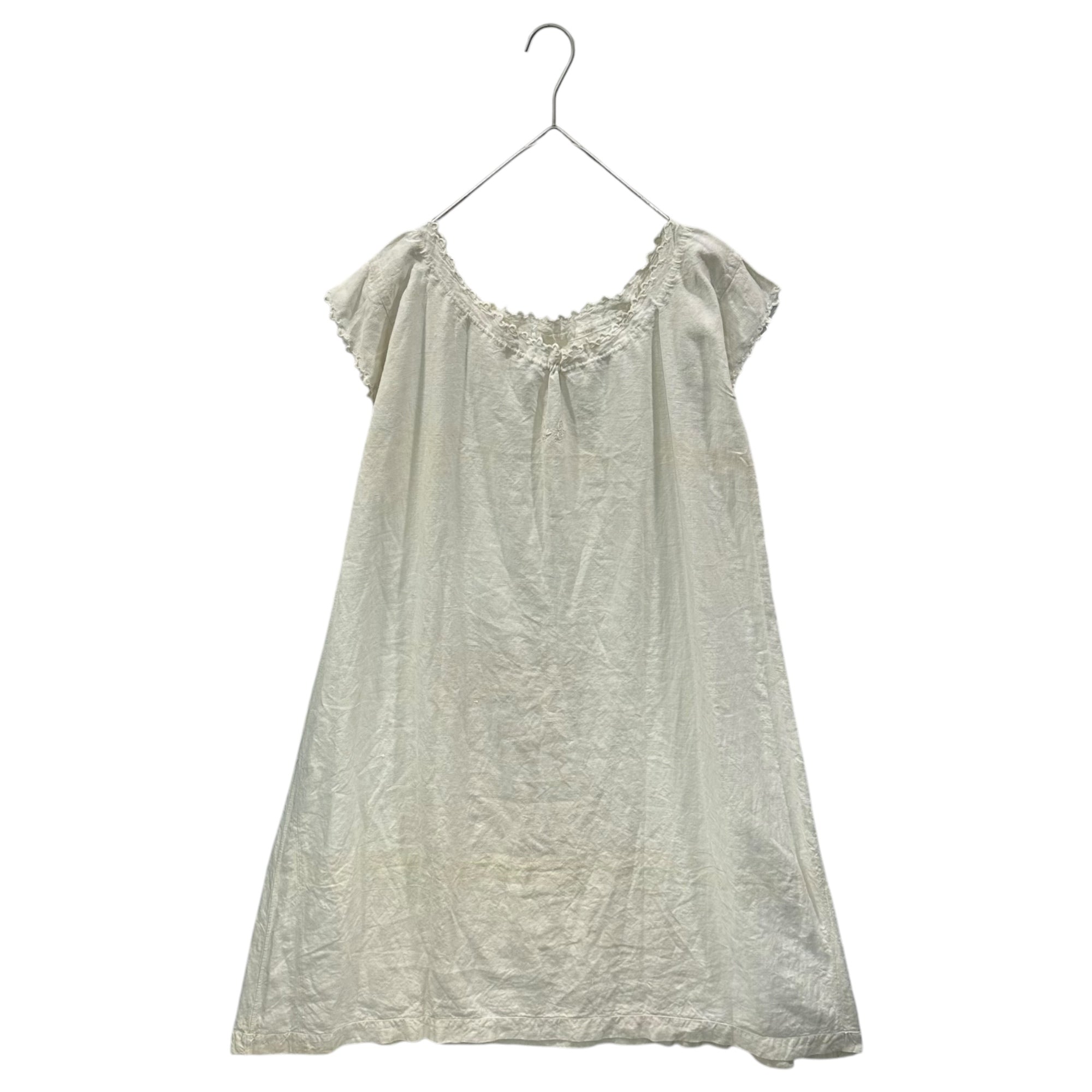 Euro antique(ヨーロッパアンティーク) 1900's~〘LINEN〙GG initials mini sleeve nighty イニシャル刺繍 ホームスパンリネンのナイティドレス ワンピース 表記無(M程度) アイボリー 20世紀初頭