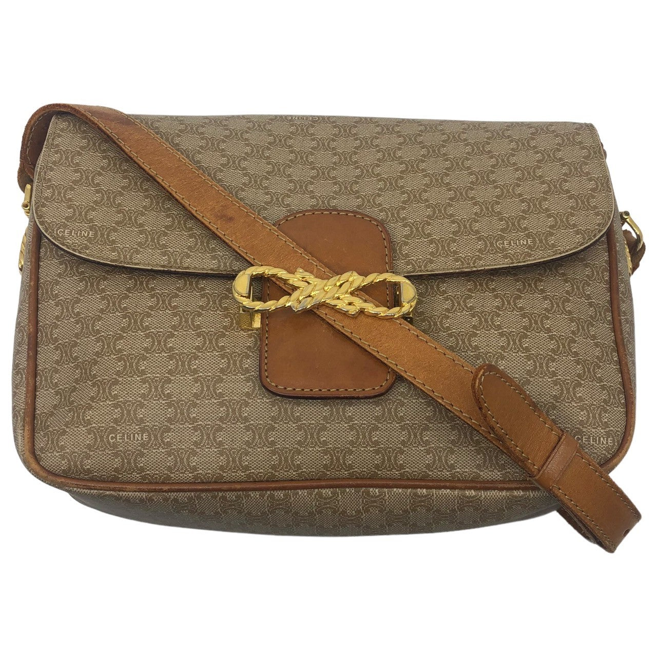 CELINE(セリーヌ) Vintage macadam gold hardware shoulder bag ヴィンテージ ゴールド 金具 マカダム ショルダー バッグ FD07 ベージュ×ブラウン 金 リボン