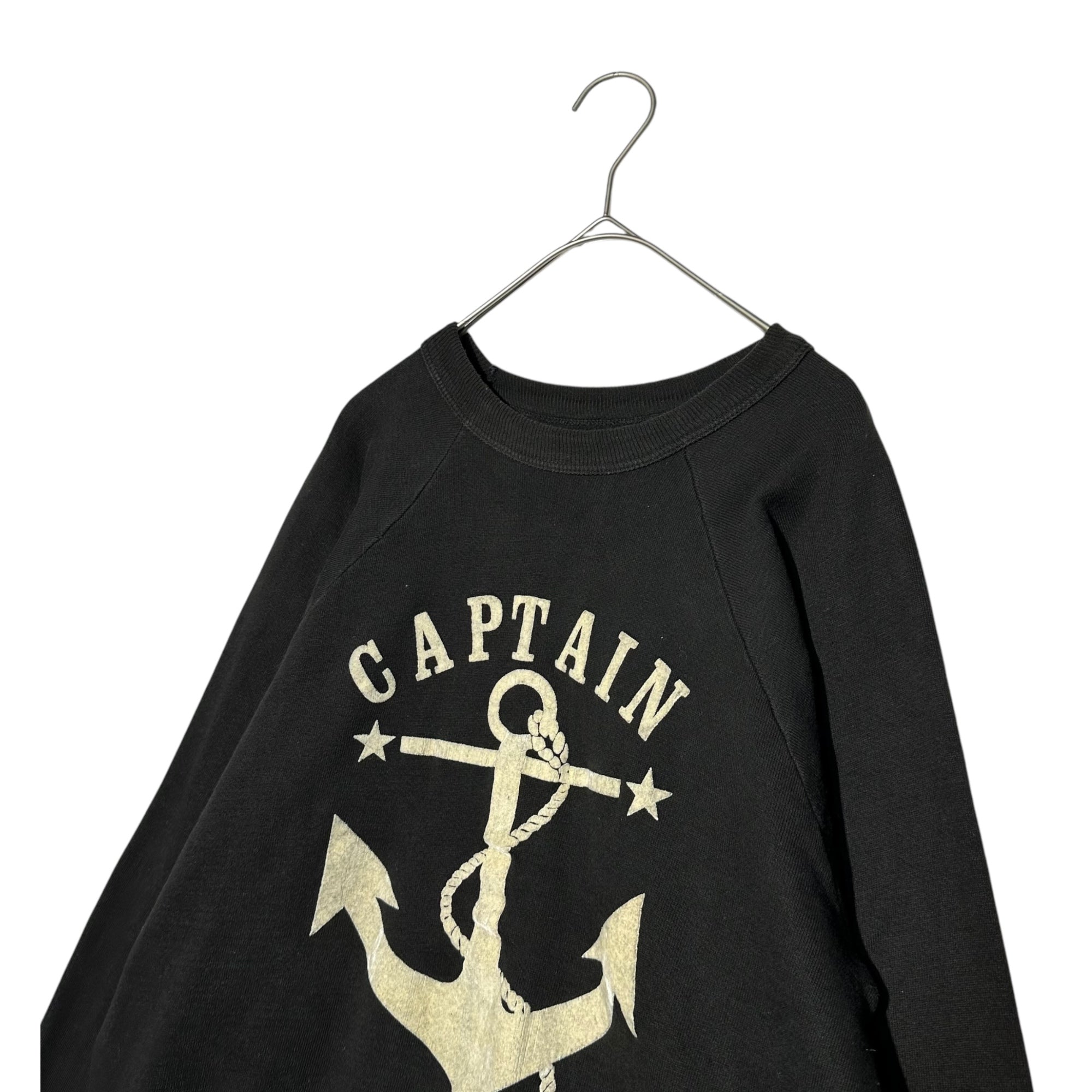 VINTAGE(ヴィンテージ) 60's "CAPTAIN" フロッキー スウェット ラグラン スウェット flocked sweat raglan sweat 表記無し(SM程度) ブラック 60年代 墨黒 古着