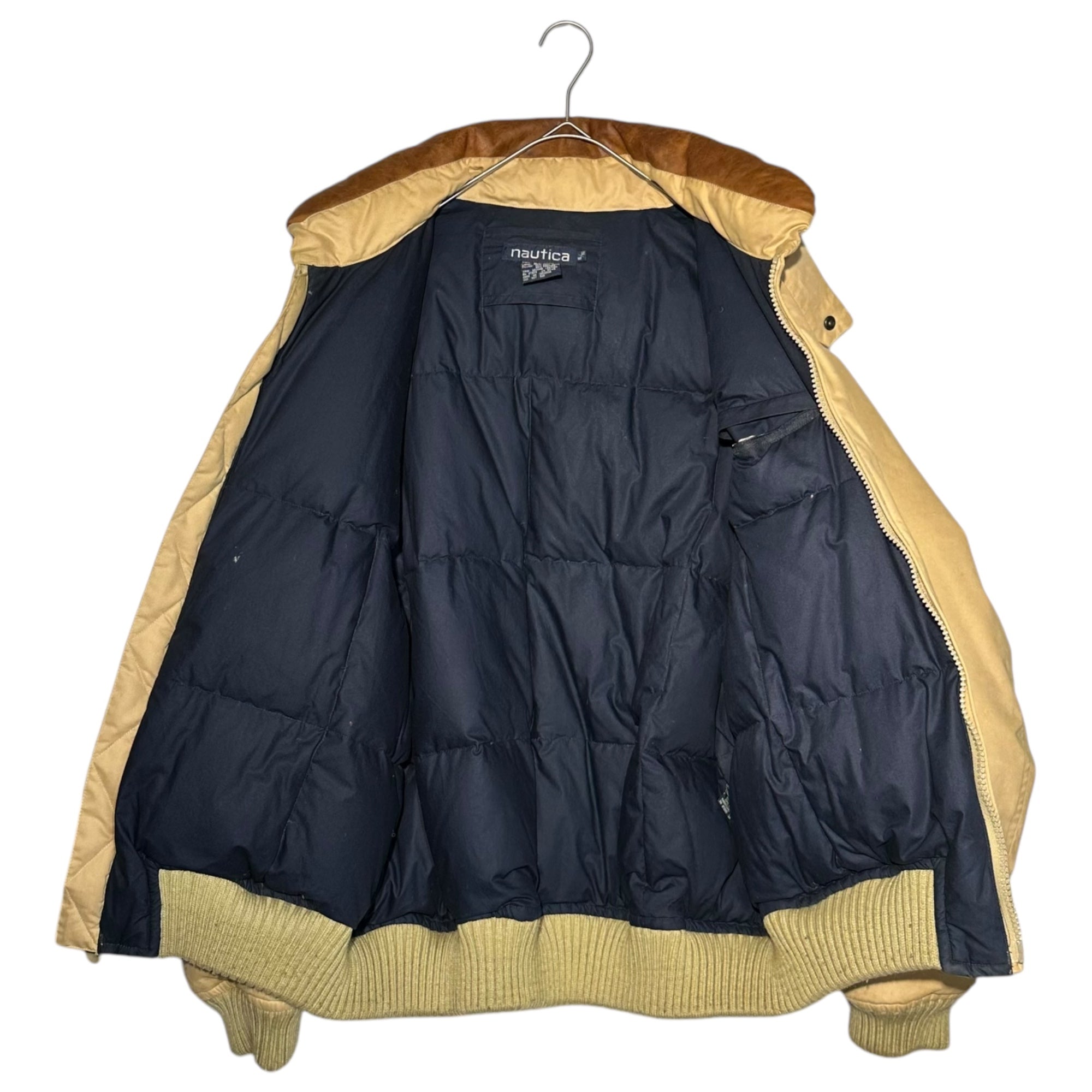 NAUTICA(ノーティカ) 90's Collar Leather Vintage Down Jacket 襟レザー ヴィンテージ ダウンジャケット XL ベージュ 90年代 ビッグサイズ 古着