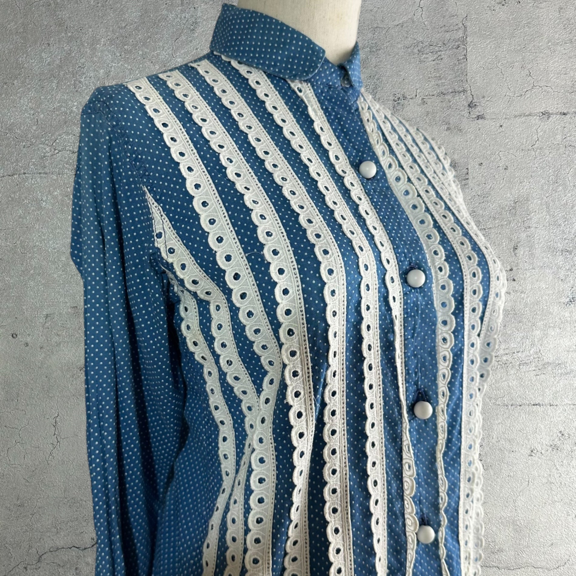 VINTAGE(ヴィンテージ) 60's glen of michigan Dot Pattern Lace Round Collar Blouse ドット柄 レース 丸襟 ブラウス 表記無(S~M程度) ブルー×ホワイト 推定60年代