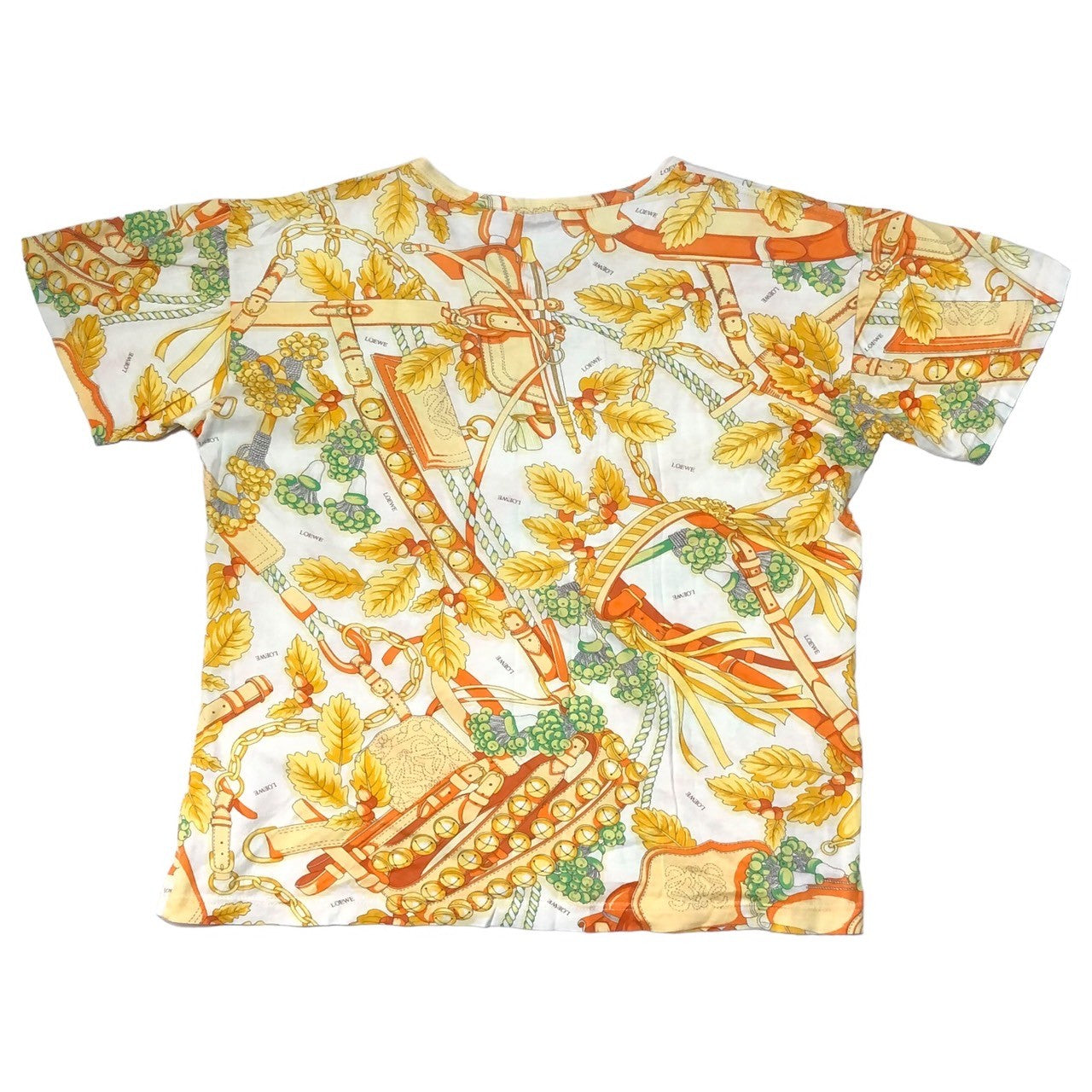 LOEWE(ロエベ) 90’s チェーンベルト ボタニカル スカーフ柄 Tシャツ 表記無し(M程度) ホワイト×イエロー 90年代 ヴィンテージ
