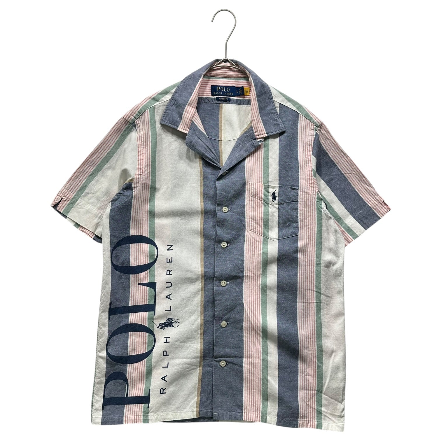 POLO RALPH LAUREN(ポロラルフローレン) Side Logo Stripe Open-Collar Shirt サイド ロゴ ストライプ オープンカラー シャツ 開襟 S ブルー×ピンク