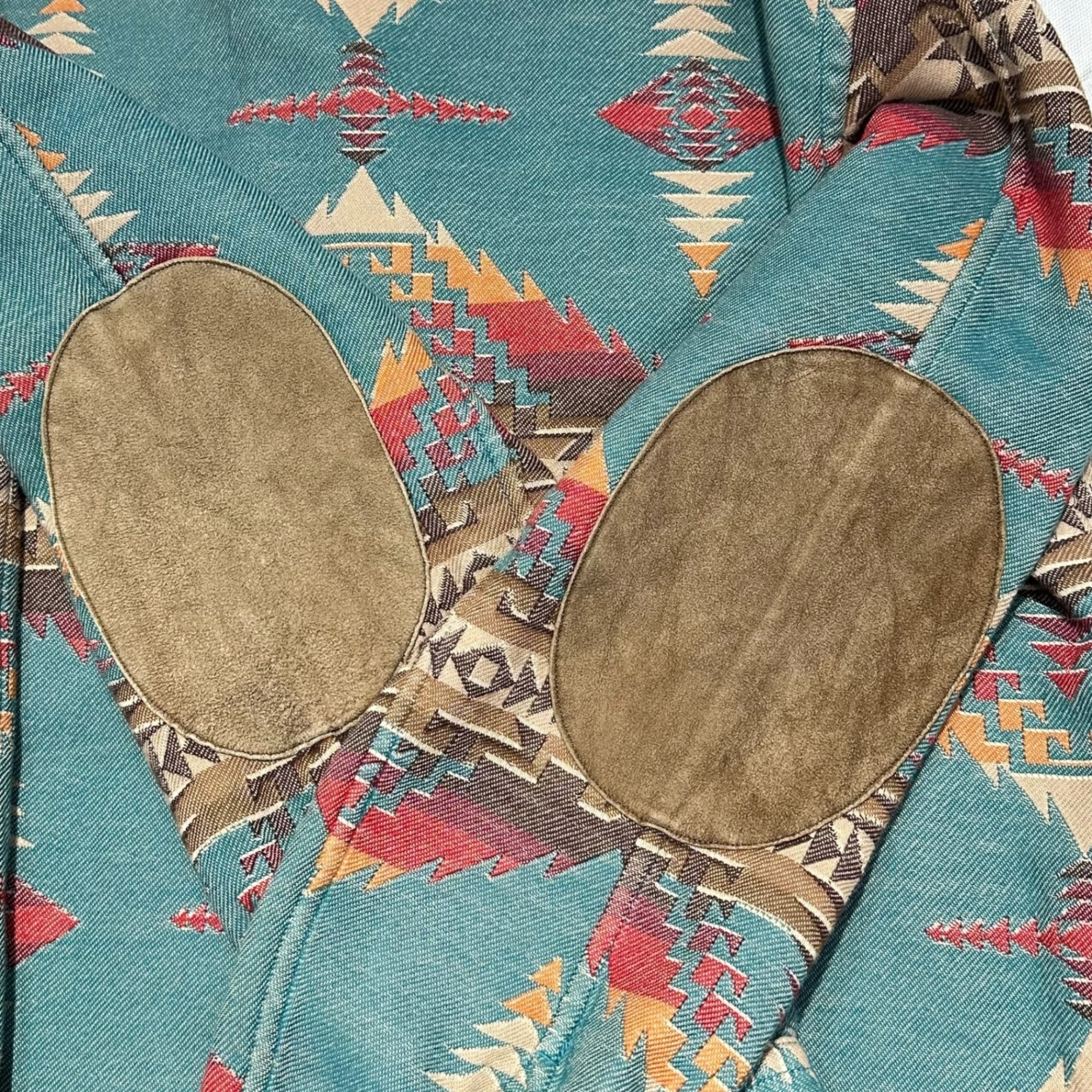 RRL(ダブルアールエル) NATIVE JACQUARD OVER SHIRT ネイティブ柄 コットン ジャガード エルボーパッチ シャツ ジャケット S ターコイズブルー×ブラウン