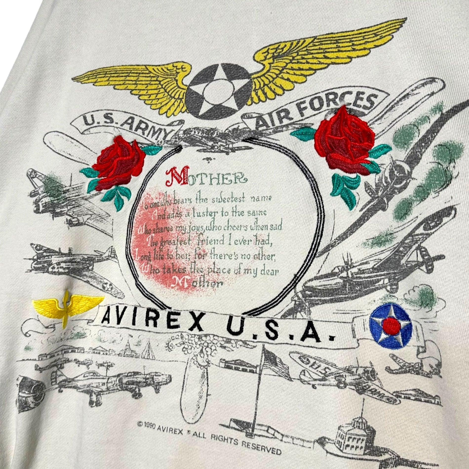 AVIREX(アヴィレックス) 1990 © ALL RIGHTS RESERVED embroidery print sweatshirts 刺繍 プリント スウェット B415-290-5884 L ホワイト 薔薇 飛行機 ロゴ 1990