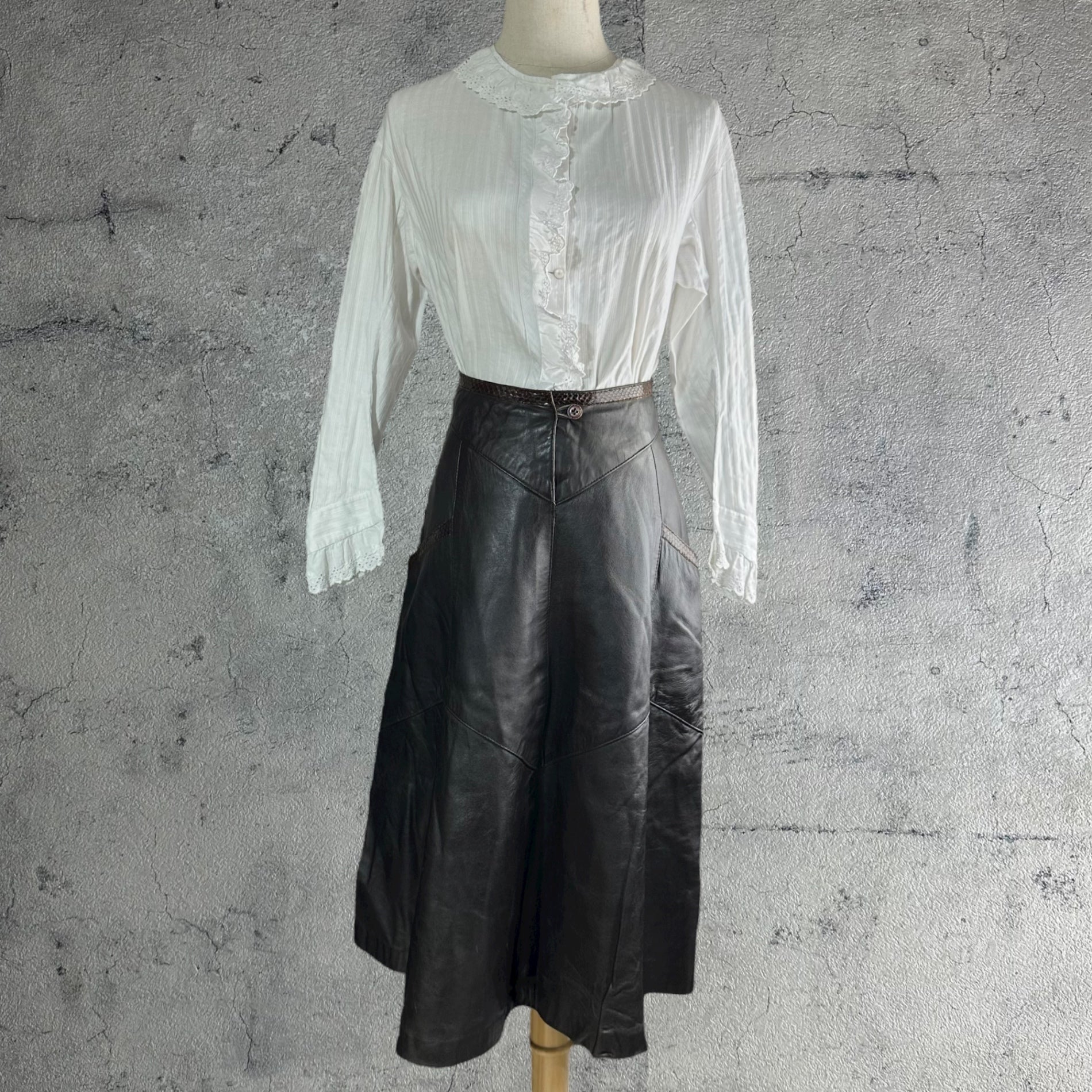 Euro vintage(ヨーロッパヴィンテージ) 80's~ snake&goat leather skirt フレアなレザースカート M~L程度 ブラウン