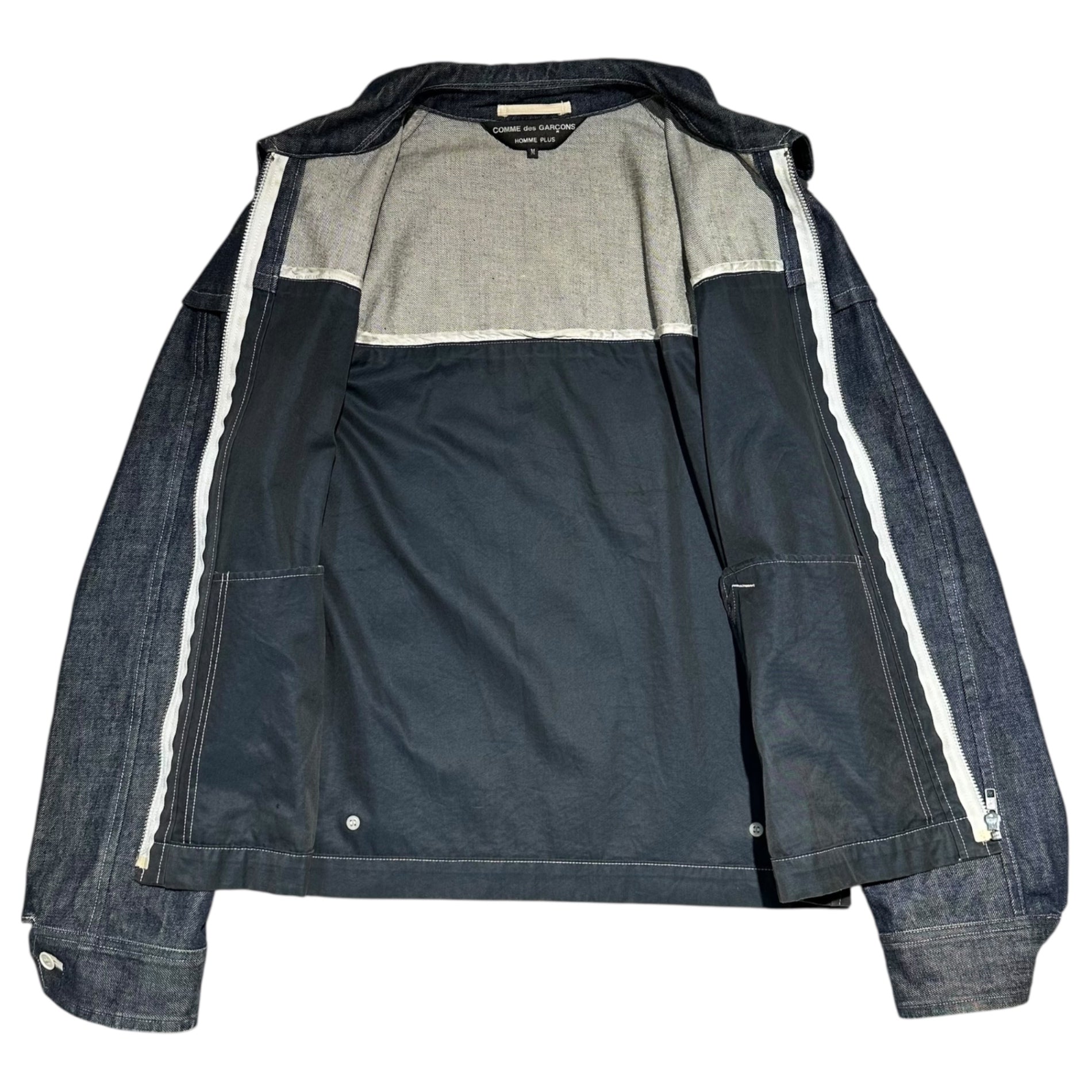 COMME des GARCONS HOMME PLUS(コムデギャルソンオムプリュス) 02SS Fluorescent denim cut zip-up swing top jacket 蛍光期 デニム 切替 ジップアップ スイングトップ ジャケット PE-J086 M インディゴ×ブラック AD2001
