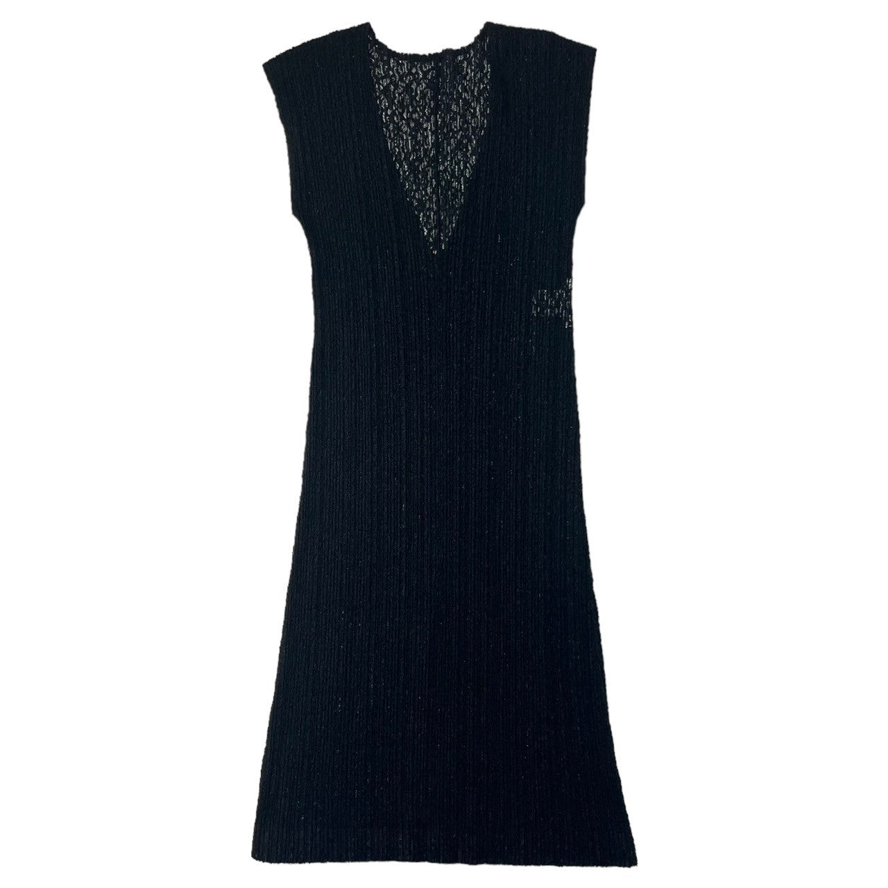 PLEATS PLEASE(プリーツプリーズ) 15AW Lace pleated dress 総レース プリーツ ワンピース PP53-JK754 3(L程度) ブラック V オープン ネック メッシュ ノースリーブ ドレス