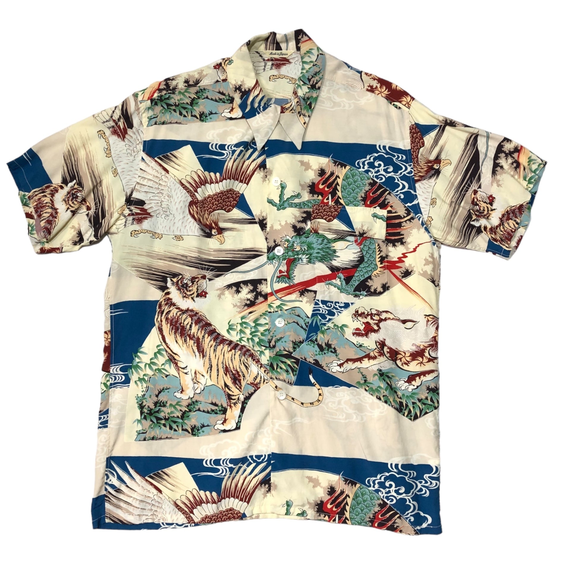 SUN SURF(サンサーフ東洋) RAYON S/S SPECIAL EDITION EAGLE, TIGER, DRAGON & LION レーヨン アロハ シャツ SS35498 L アイボリー×ネイビー 龍 ドラゴン 虎 タイガー