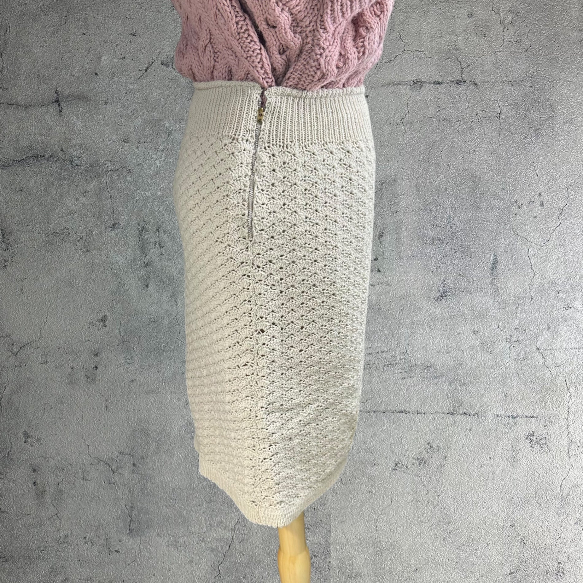 Euro vintage(ヨーロッパヴィンテージ) 70's Mont Blanc_ami ami lace knit skirt ニットレース編みスカート 表記無し(Mサイズ程度) ベージュ / 後見頃裾に汚れ有