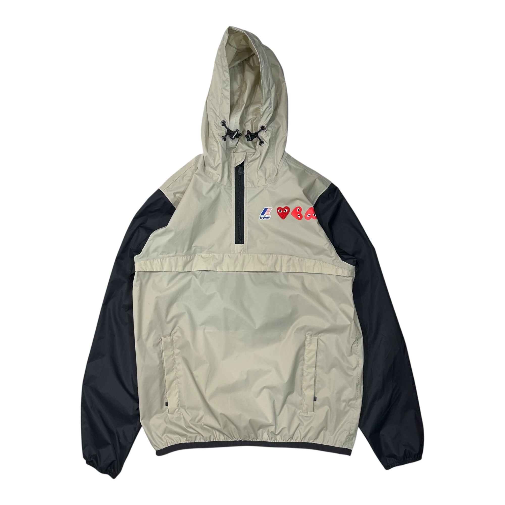 PLAY COMME des GARCONS × K-WAY(プレイコムデギャルソン × ケーウェイ) Collaboration Heart Logo Half-Zip Hoodie コラボ ハート ロゴ ハーフジップ パーカー XS ベージュ×ブラック アノラック プルオーバー