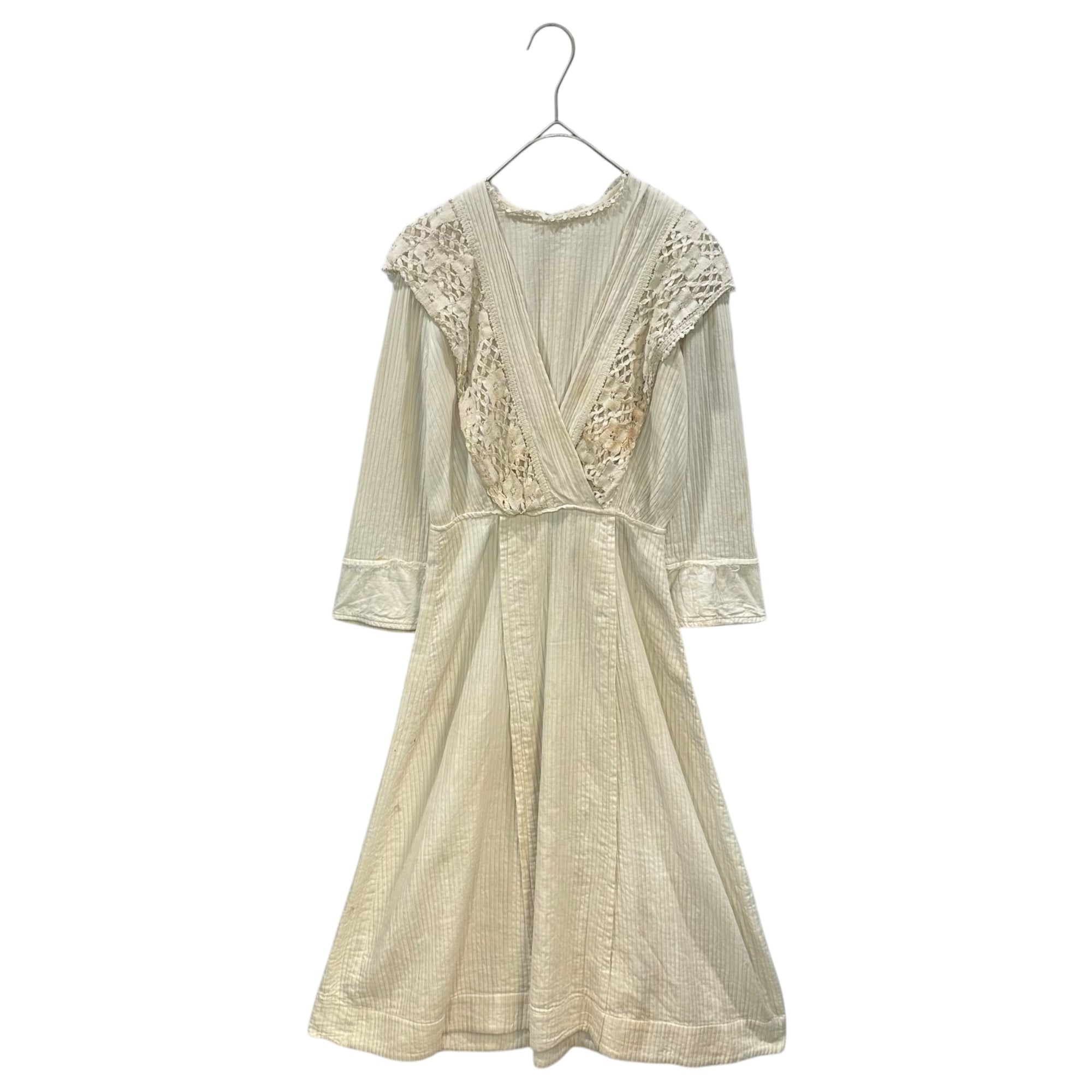 Euro antique(ヨーロッパアンティーク) 20's shoulder lace collar onepiece 肩装飾レースとミニフリル襟の生成りワンピース ドレス ホワイト