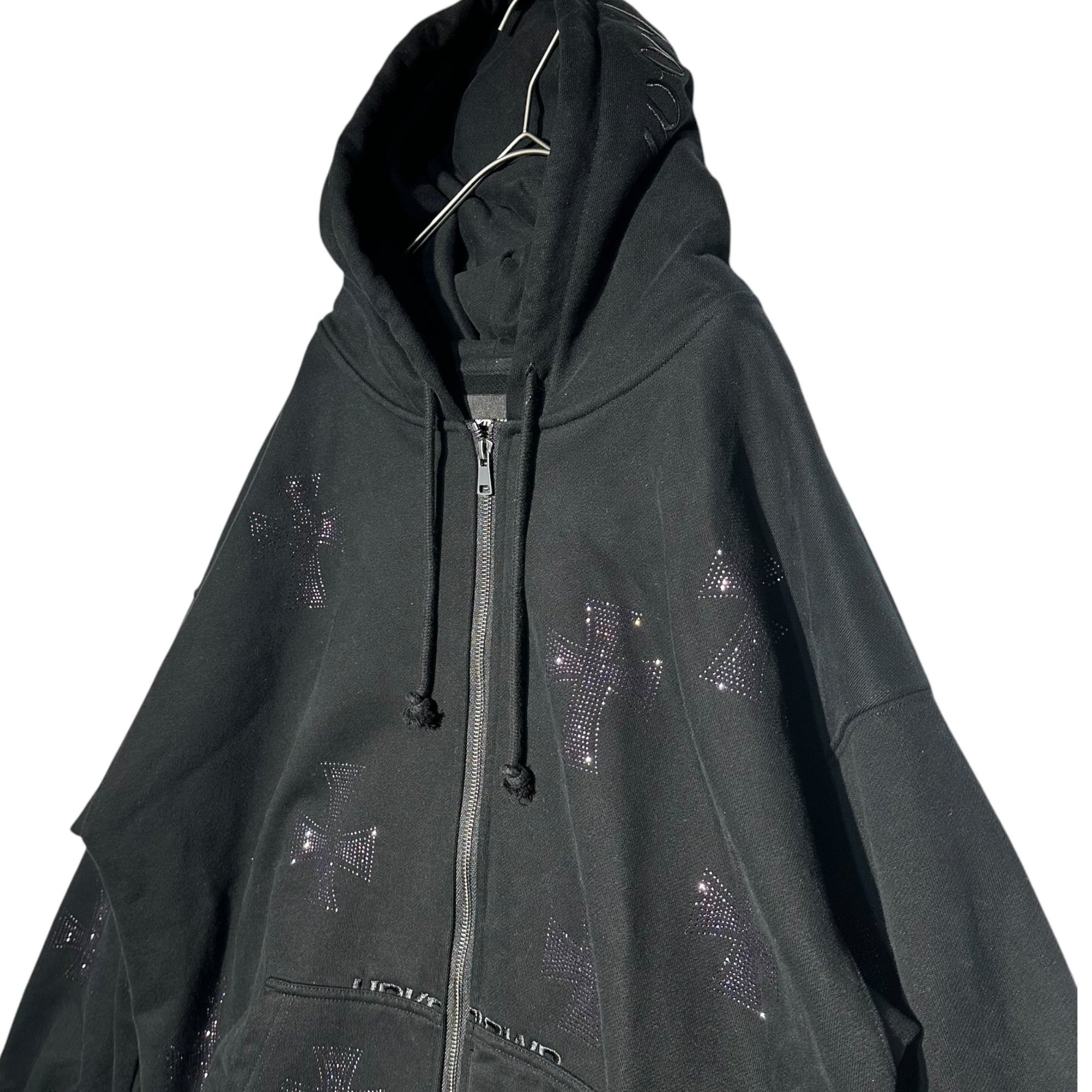 Unknown london(アンノウンロンドン) Cross Rhinestone Zip Up Hoodie クロス ライン ストーン ジップ アップ パーカー L ブラック
