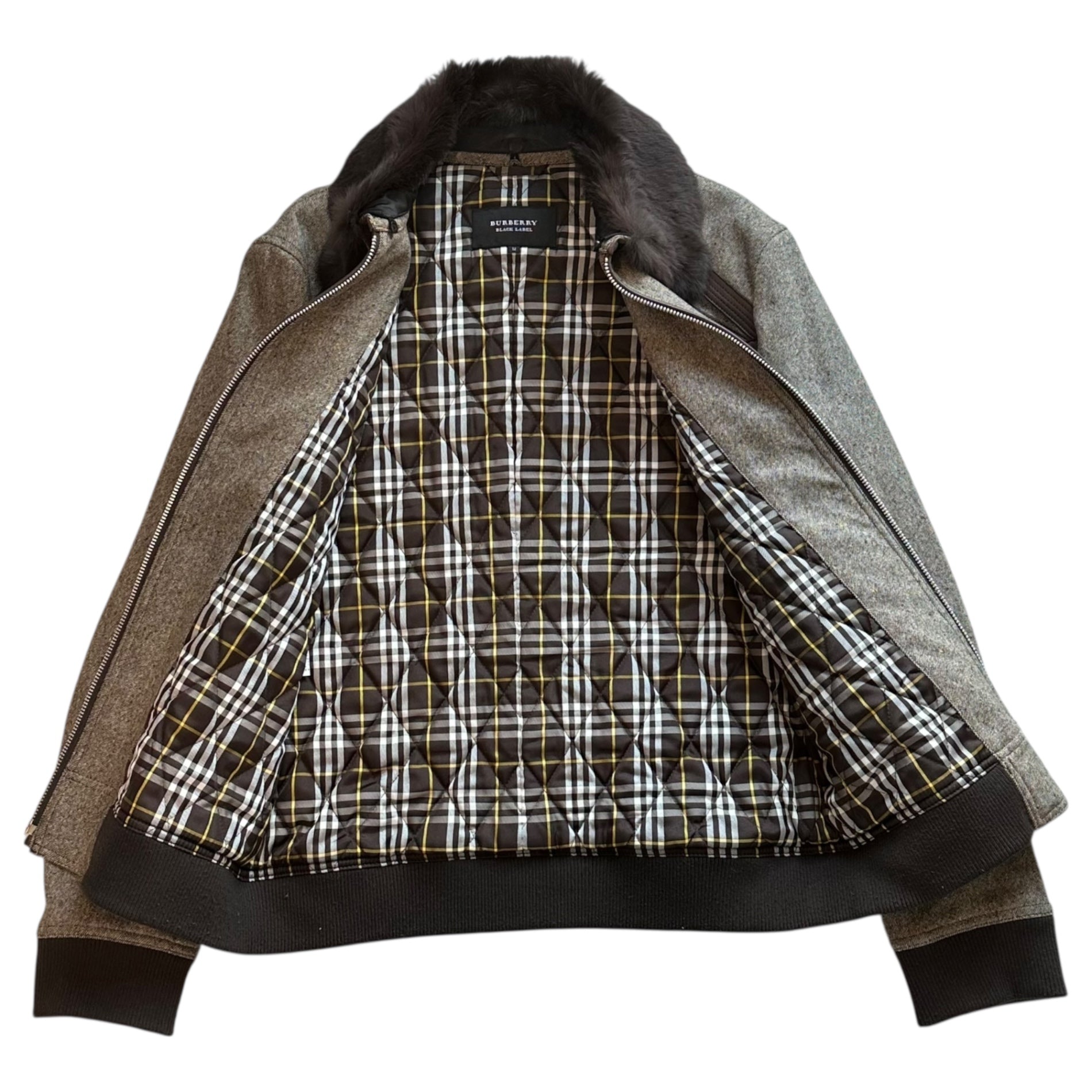 BURBERRY BLACK LABEL(バーバリーブラックレーベル) Fur-Trimmed Leather-Panel Tweed Zip-Up Jacket ファー付 レザー 切替 ツイード ジップアップ ジャケット BMP86-322-46 M ベージュ×ブラウン ブルゾン