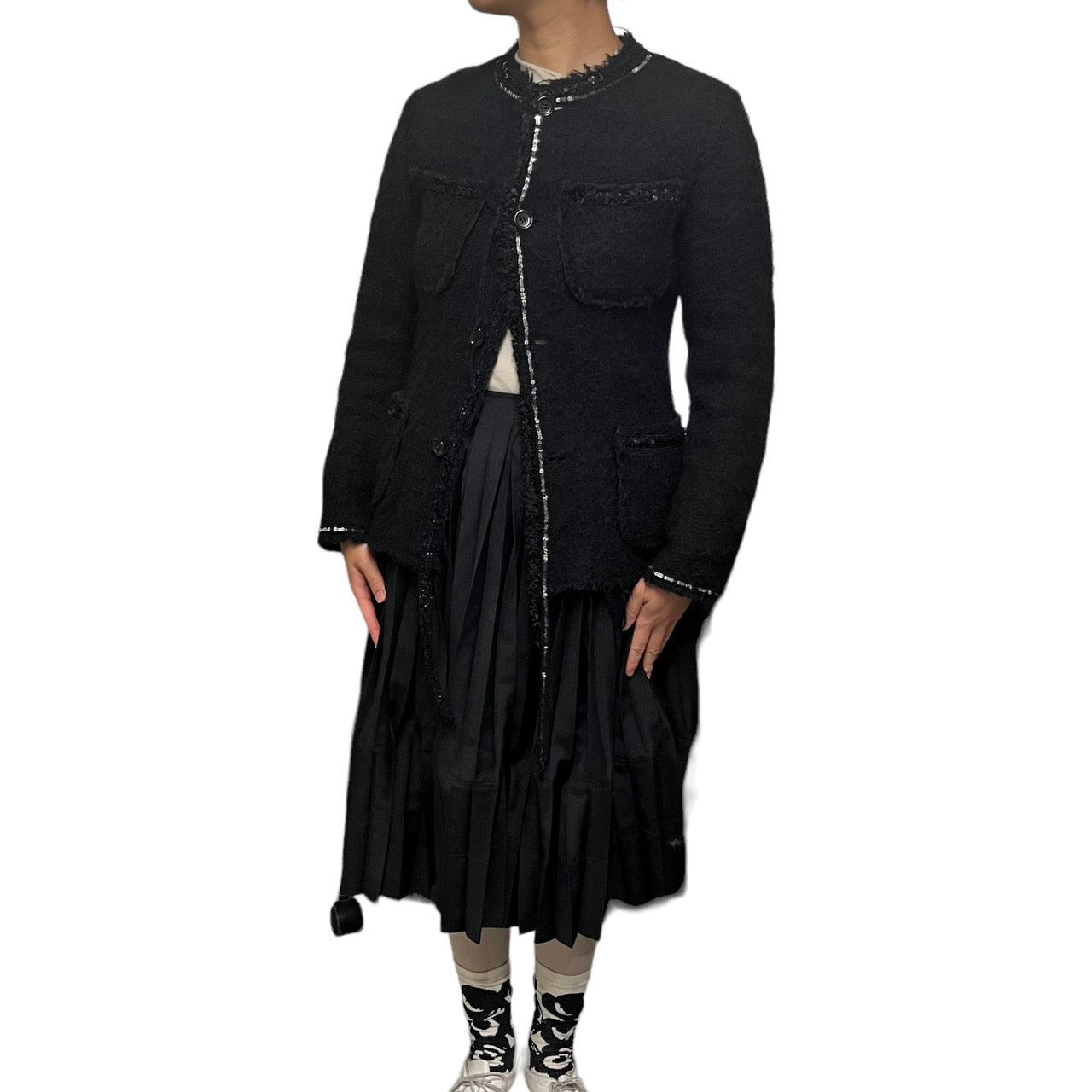 COMME des GARCONS JUNYA WATANABE MAN PINK(コムデギャルソンジュンヤワタナベマンピンク) 05AW sequin tweed jacket/スパンコールテープツイードジャケット/ノーカラーウールジャケット UP-J025 S ブラック AD2005