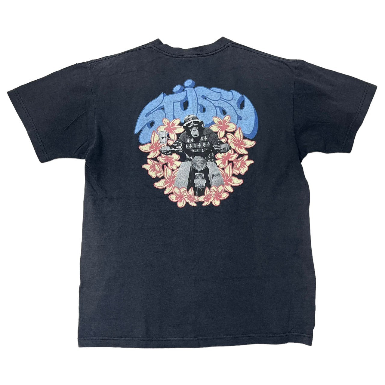 STUSSY(ステューシー) 90's~00's hibiscus & chimpanzee rider Tシャツ ハイビスカス チンパンジー ライダー 紺タグ SIZE M ネイビー 90~00年代 OLD STUSSY