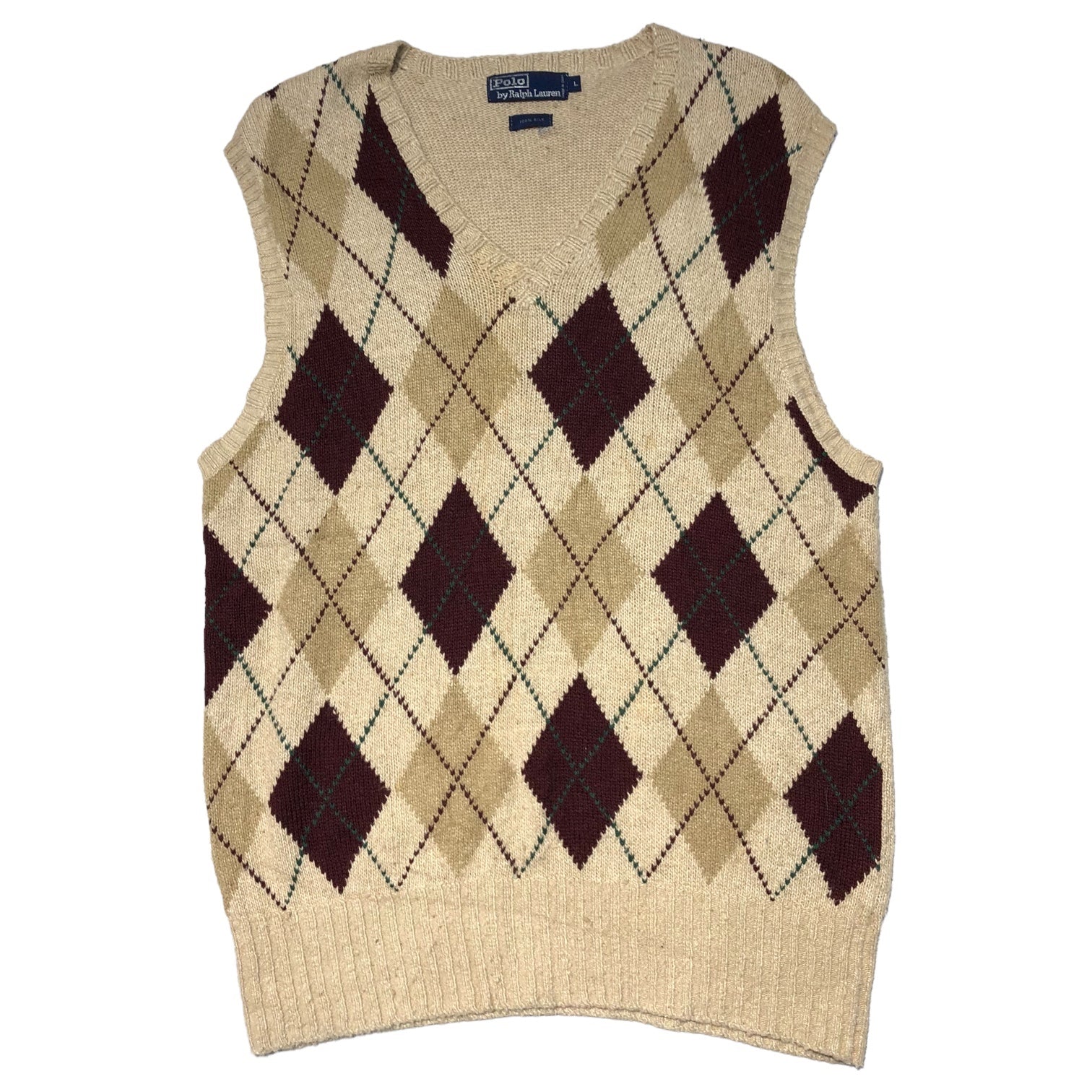 POLO RALPH LAUREN(ポロラルフローレン) All silk argyle knit vest オールシルク アーガイル ニット ベスト L ベージュ ヴィンテージ