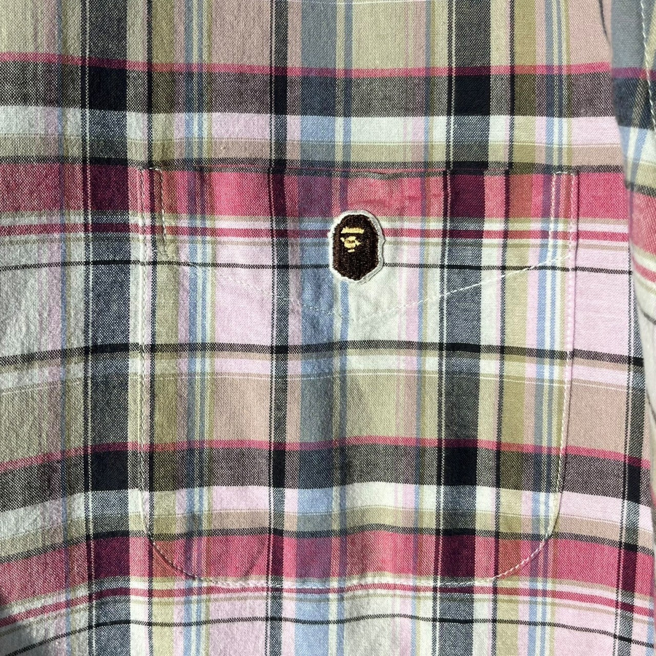A BATHING APE(アベイシングエイプ) 00's One point logo check S/S shirt ワンポイントロゴ 半袖 シャツ XL ピンク×ブラウン