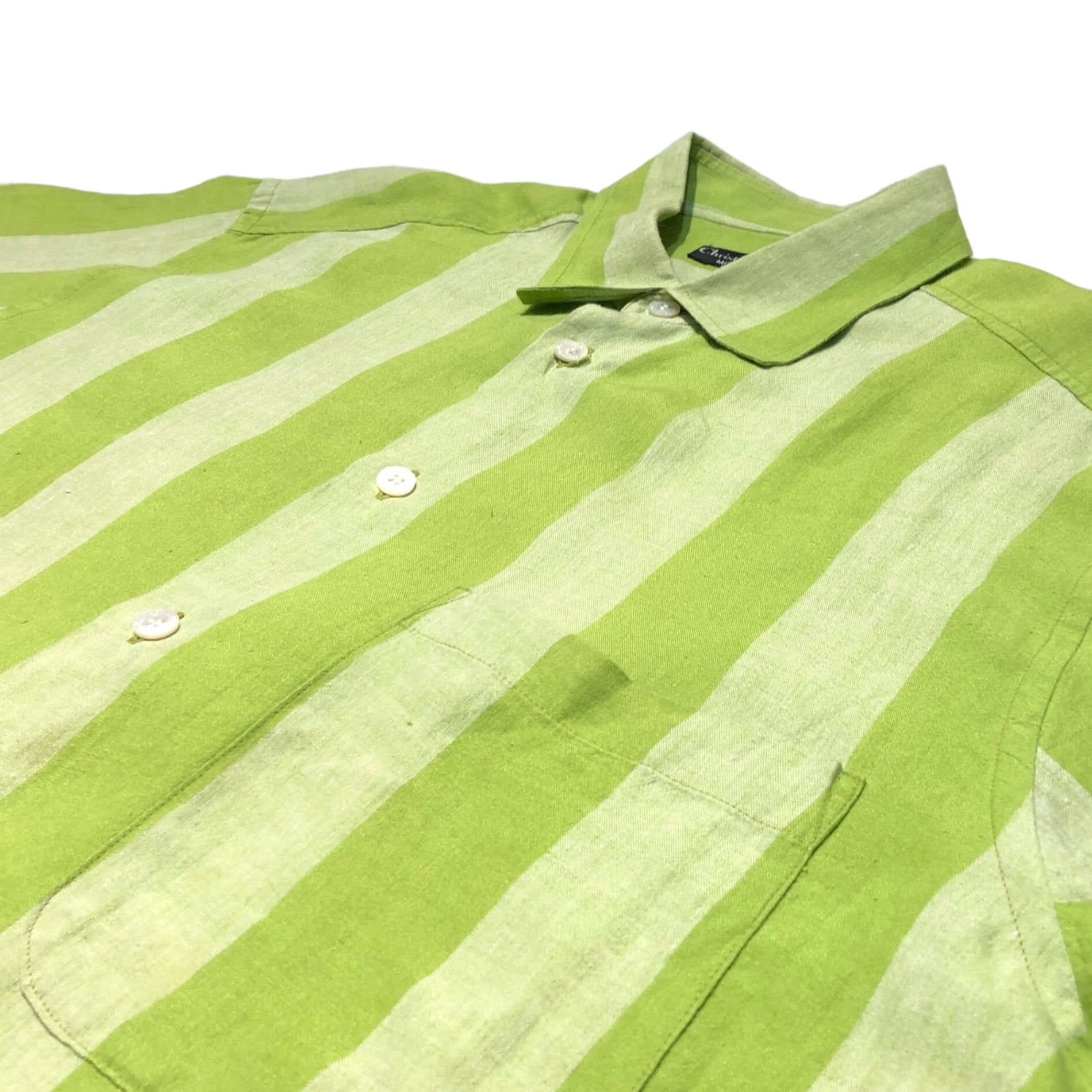Christian Dior MONSIEUR(クリスチャンディオールムッシュ) 90's striped short sleeve linen shirt ストライプ 半袖 リネン シャツ L ライトグリーン×ホワイト 90年代 ヴィンテージ