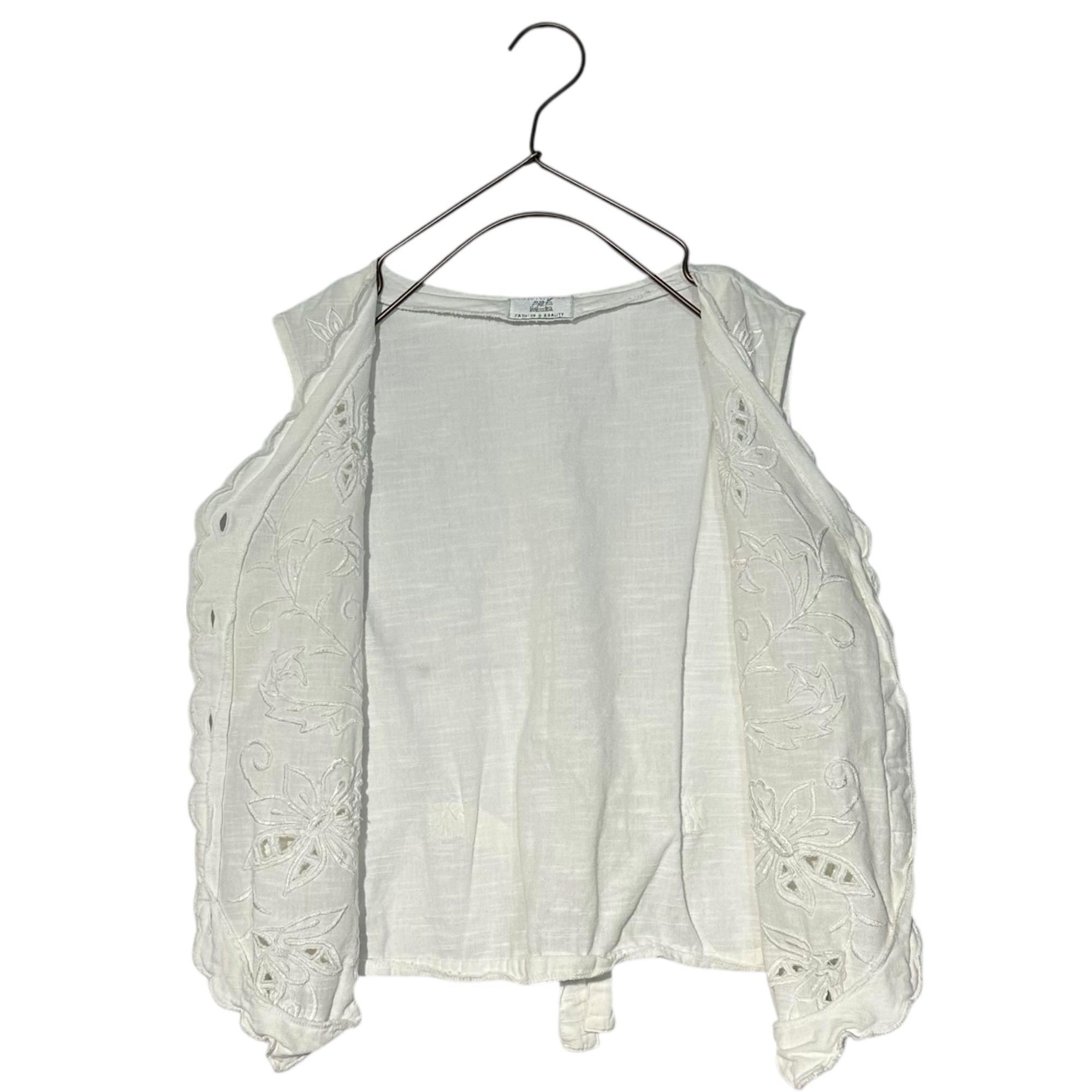 vintage(ヴィンテージ) leaf and flower stich vest blouse リーフと花刺繍のカットワークレース前開きベスト ブラウス 表記無し(Mサイズ程度) ホワイト