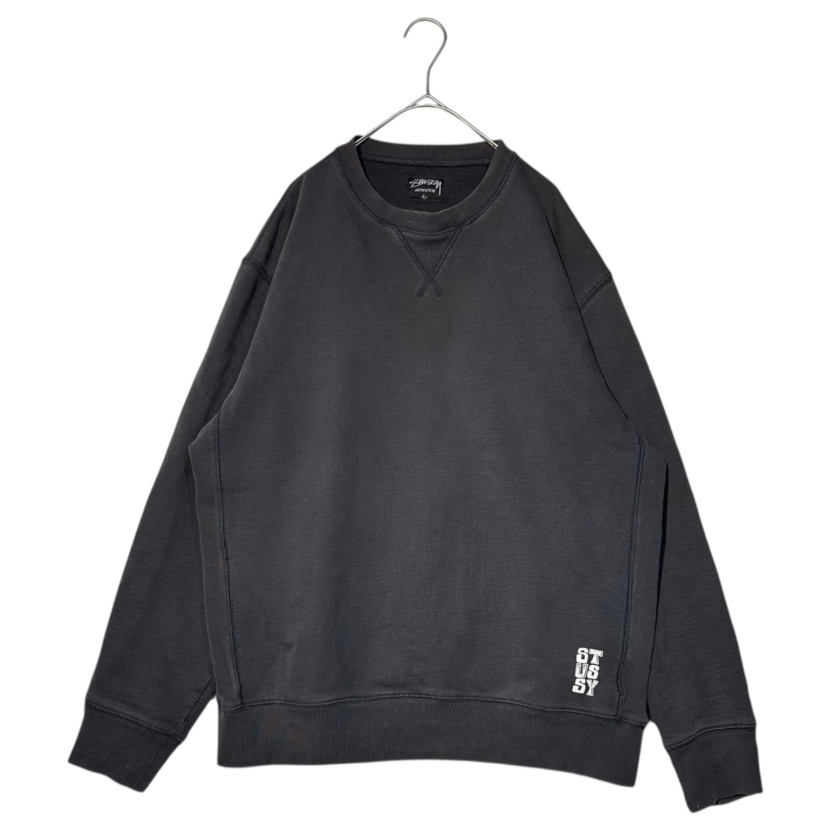 STUSSY(ステューシー) One Point Logo Faded Black Crew Neck 