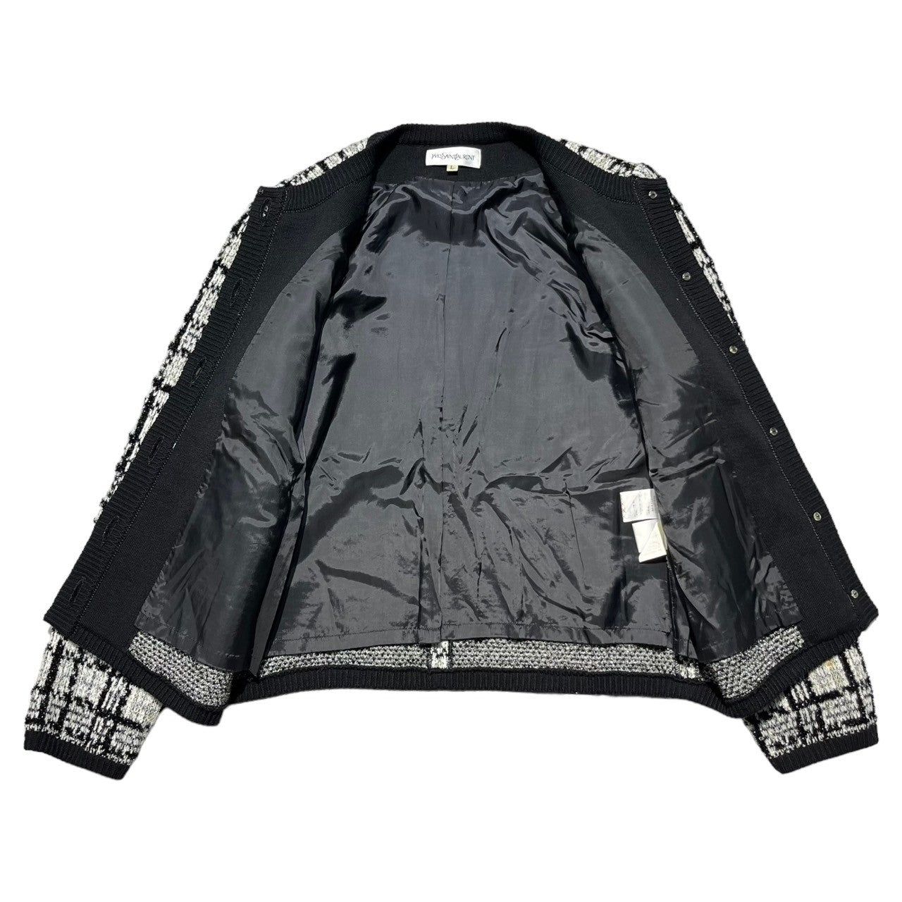 YVES SAINT LAURENT(イヴサンローラン) 90's lame no collar jacket ラメ ノーカラー ジャケット SU47A502 L ホワイト×ブラック 90年代 ヴィンテージ カーディガン ツイード